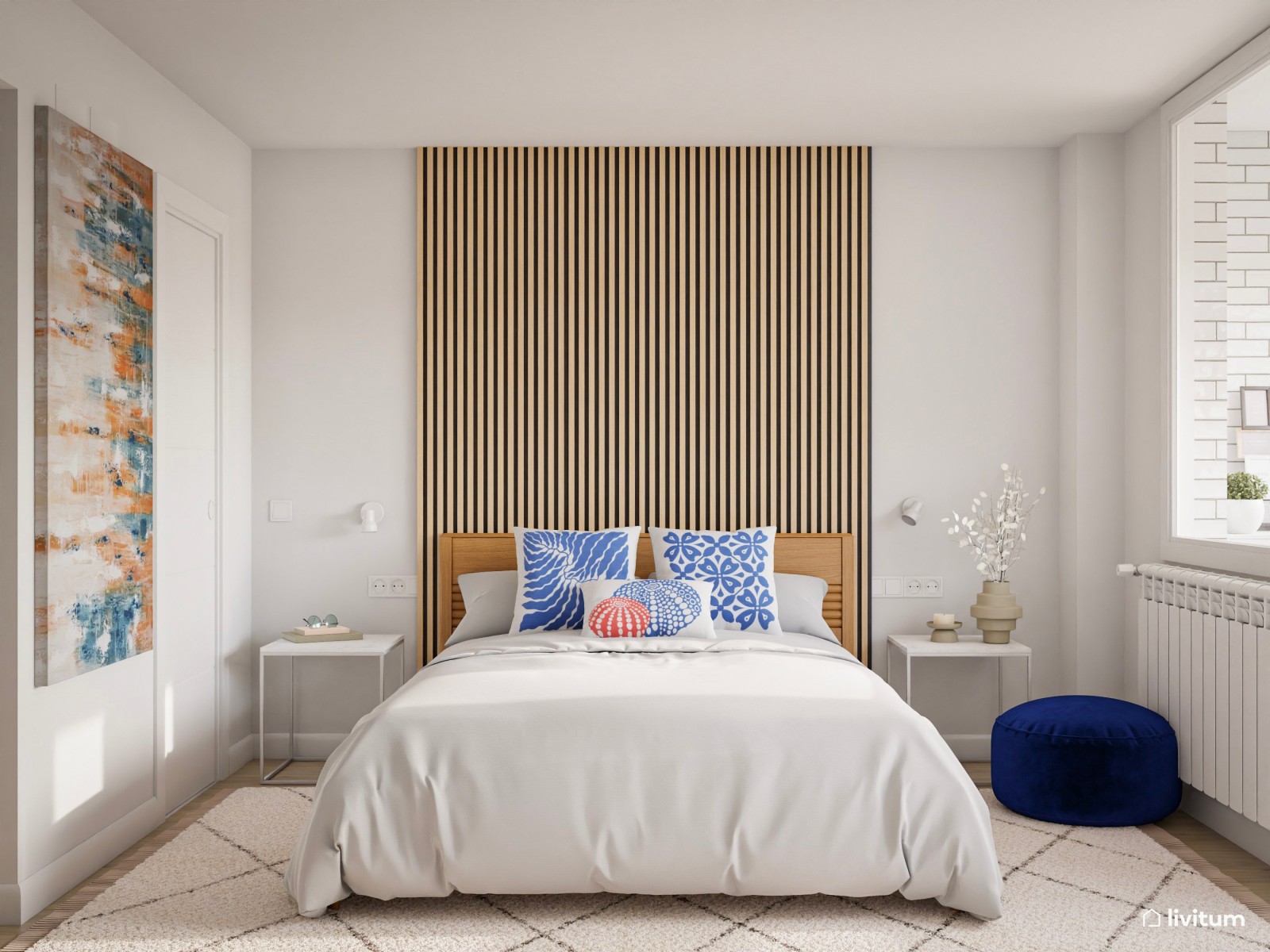 Acogedor dormitorio con listones de madera y detalles en azul 
