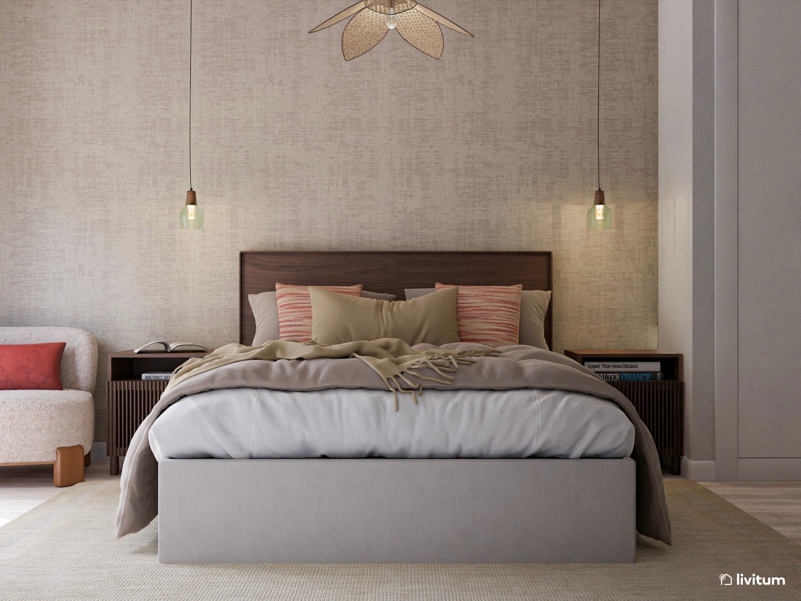 Acogedor dormitorio con texturas y papel pintado en tonos marrón 