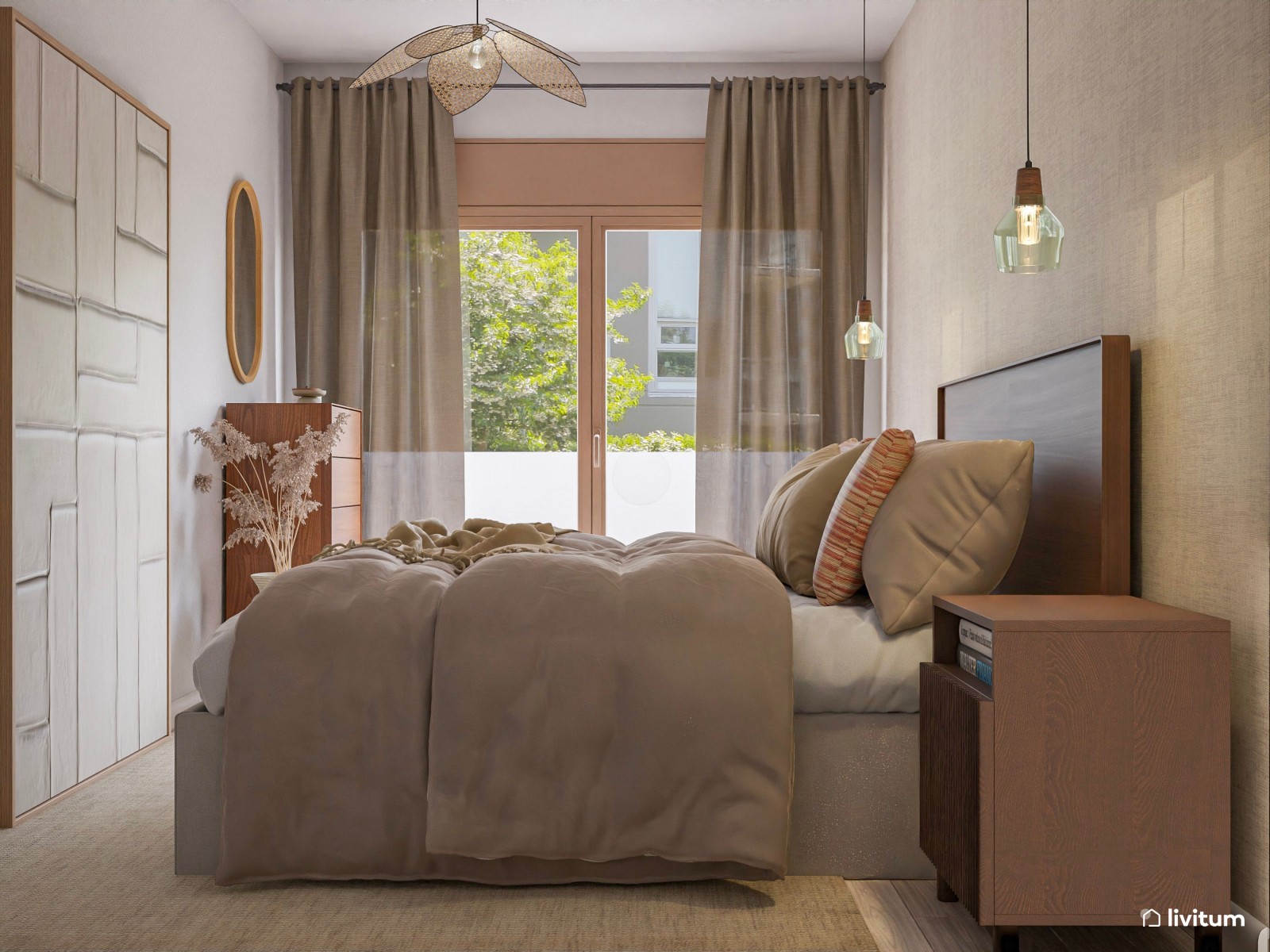 Acogedor dormitorio con texturas y papel pintado en tonos marrón 