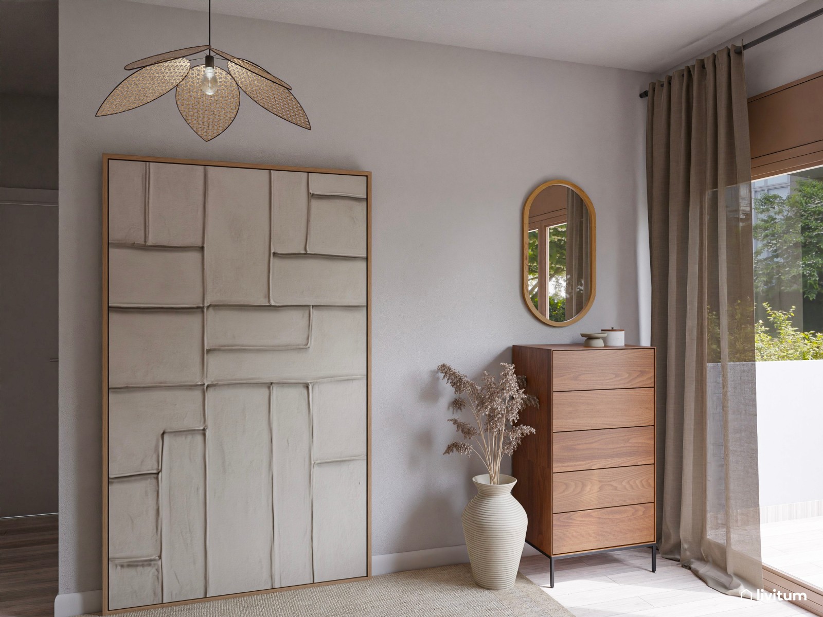 Acogedor dormitorio con texturas y papel pintado en tonos marrón 