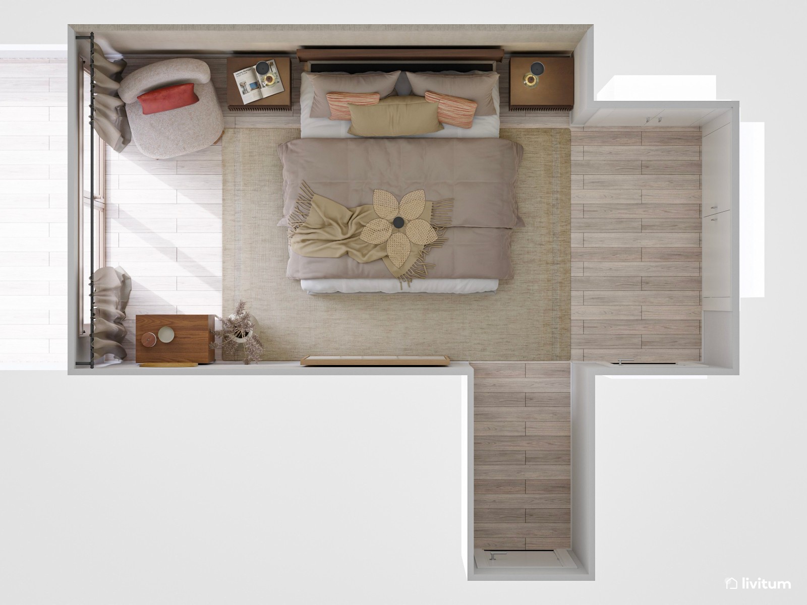 Acogedor dormitorio diseñado con gustosas texturas