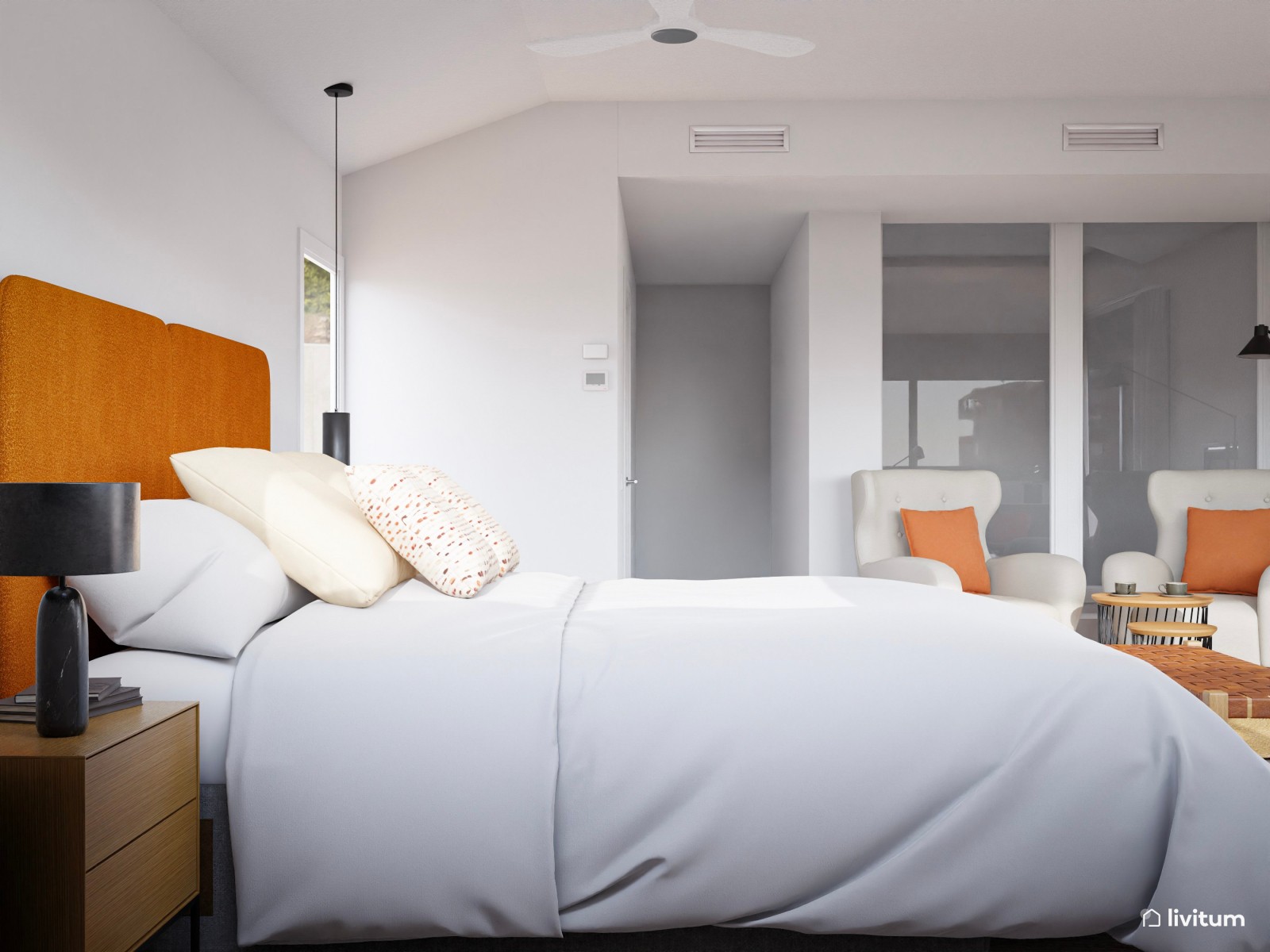 Acogedor dormitorio en blanco y detalles color teja 
