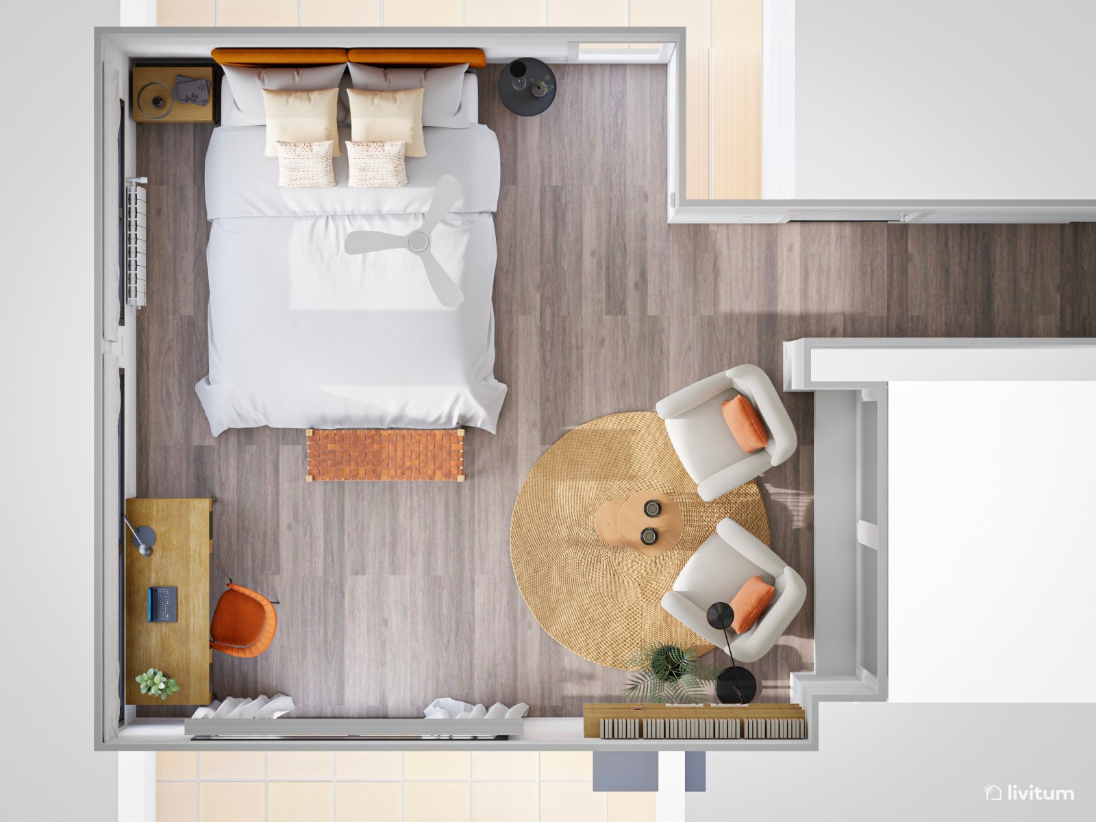 Acogedor dormitorio en blanco y detalles color teja 