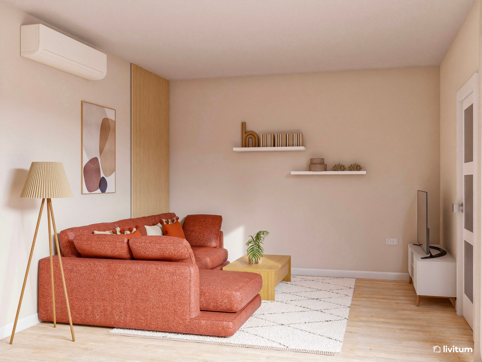 Acogedor salón alargado con toques terracota