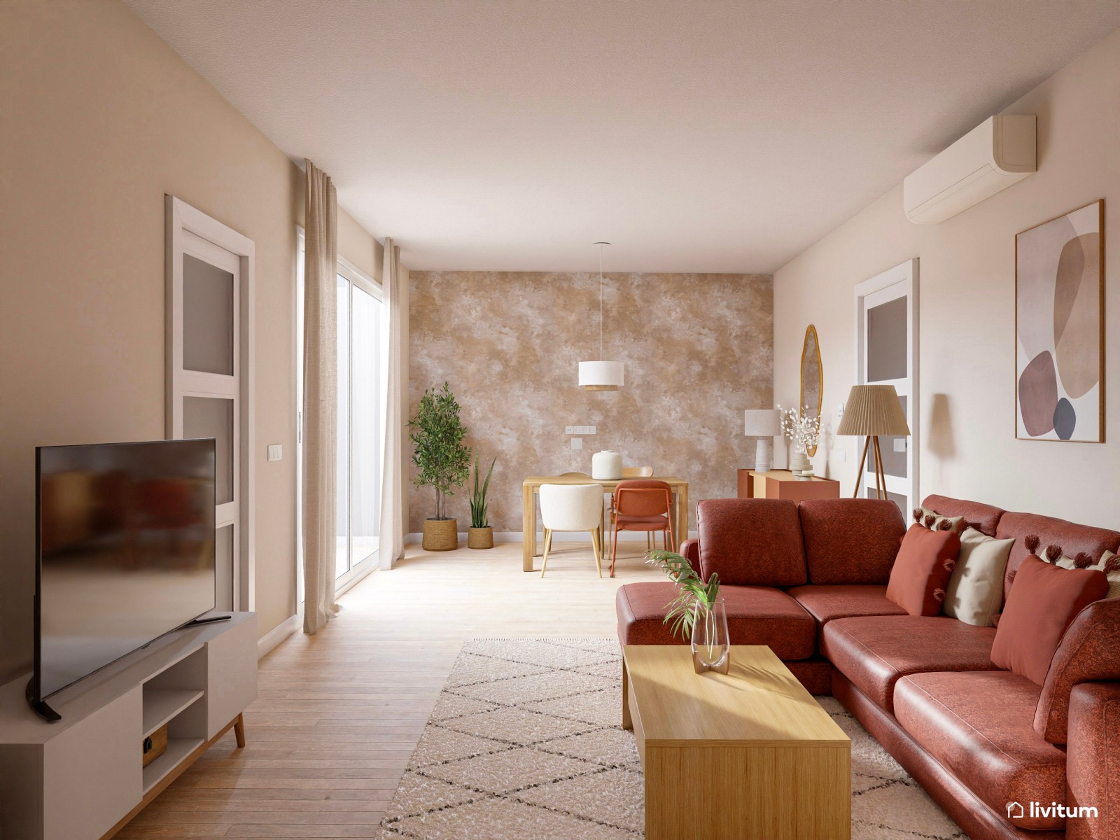 Acogedor salón alargado con toques terracota