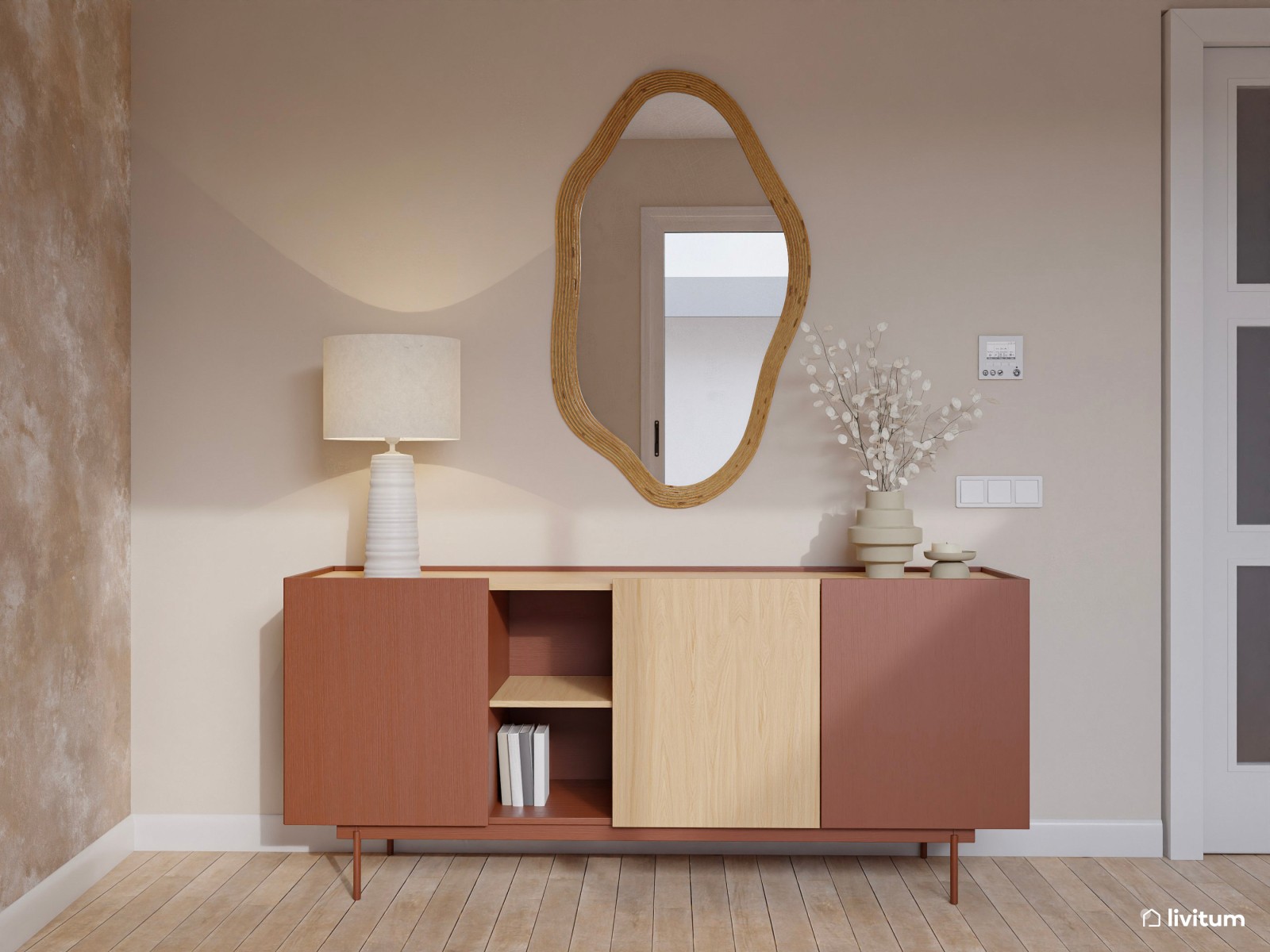 Acogedor salón alargado con toques terracota