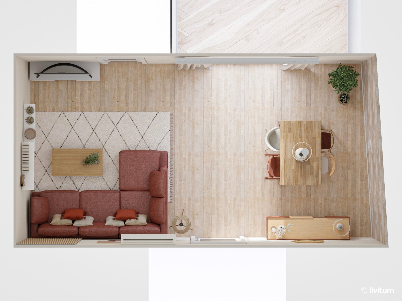 Acogedor salón alargado con toques terracota