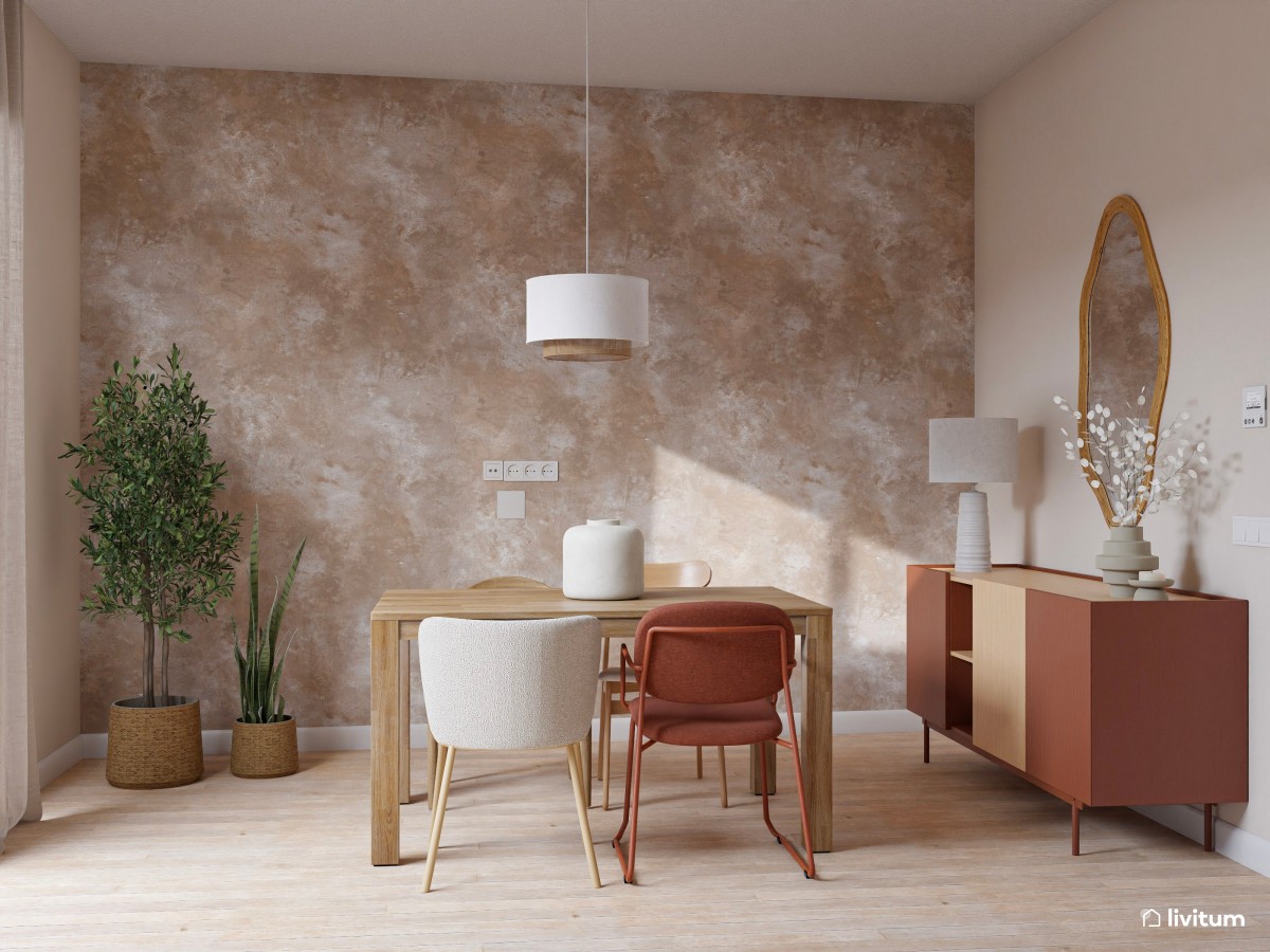Acogedor salón alargado con toques terracota
