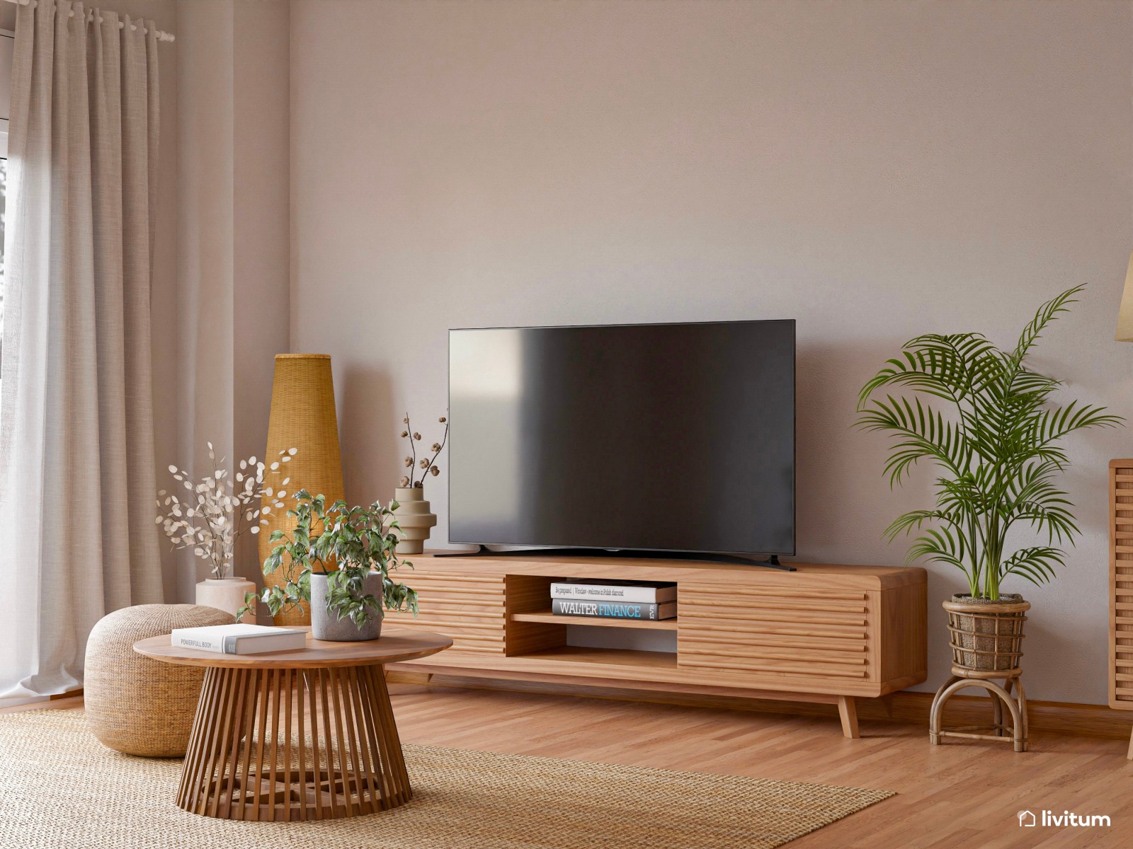 Acogedor salón comedor amueblado en madera y decorado con fibras naturales