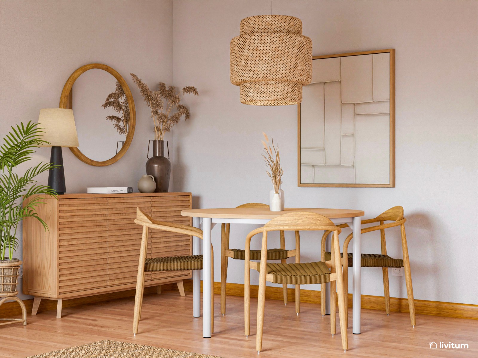 Acogedor salón comedor amueblado en madera y decorado con fibras naturales