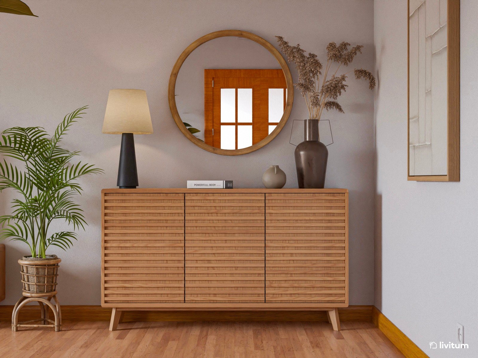 Acogedor salón comedor amueblado en madera y decorado con fibras naturales