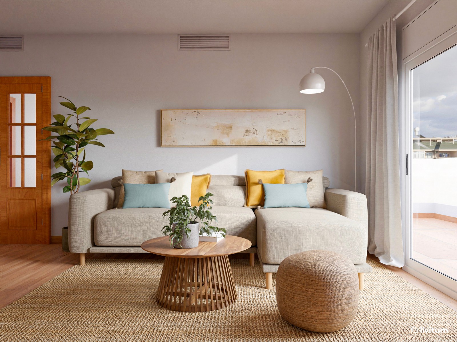 Acogedor salón comedor amueblado en madera y decorado con fibras naturales
