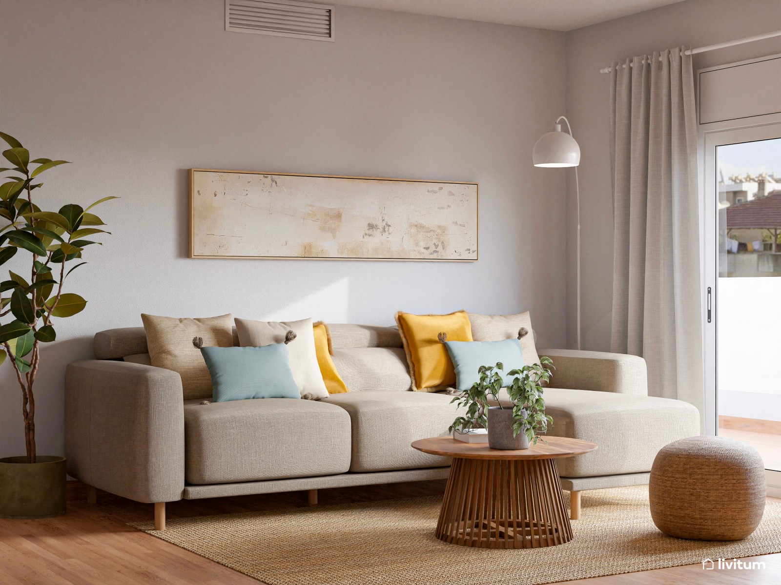 Acogedor salón comedor amueblado en madera y decorado con fibras naturales