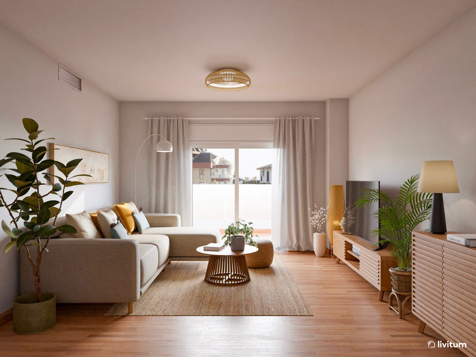 Acogedor salón comedor amueblado en madera y decorado con fibras naturales