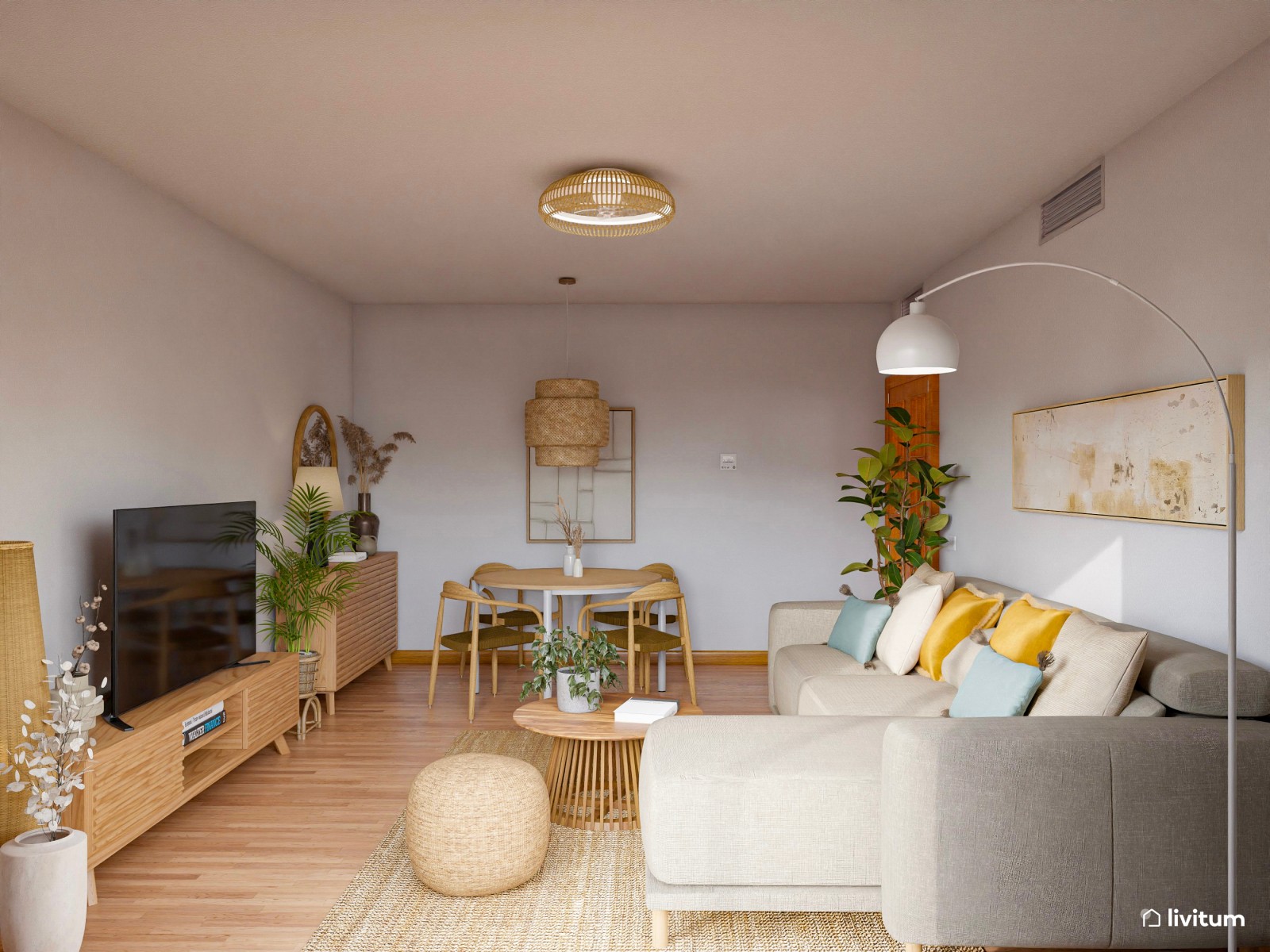 Acogedor salón comedor amueblado en madera y decorado con fibras naturales