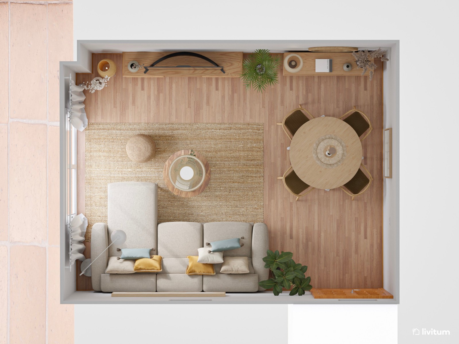 Acogedor salón comedor amueblado en madera y decorado con fibras naturales