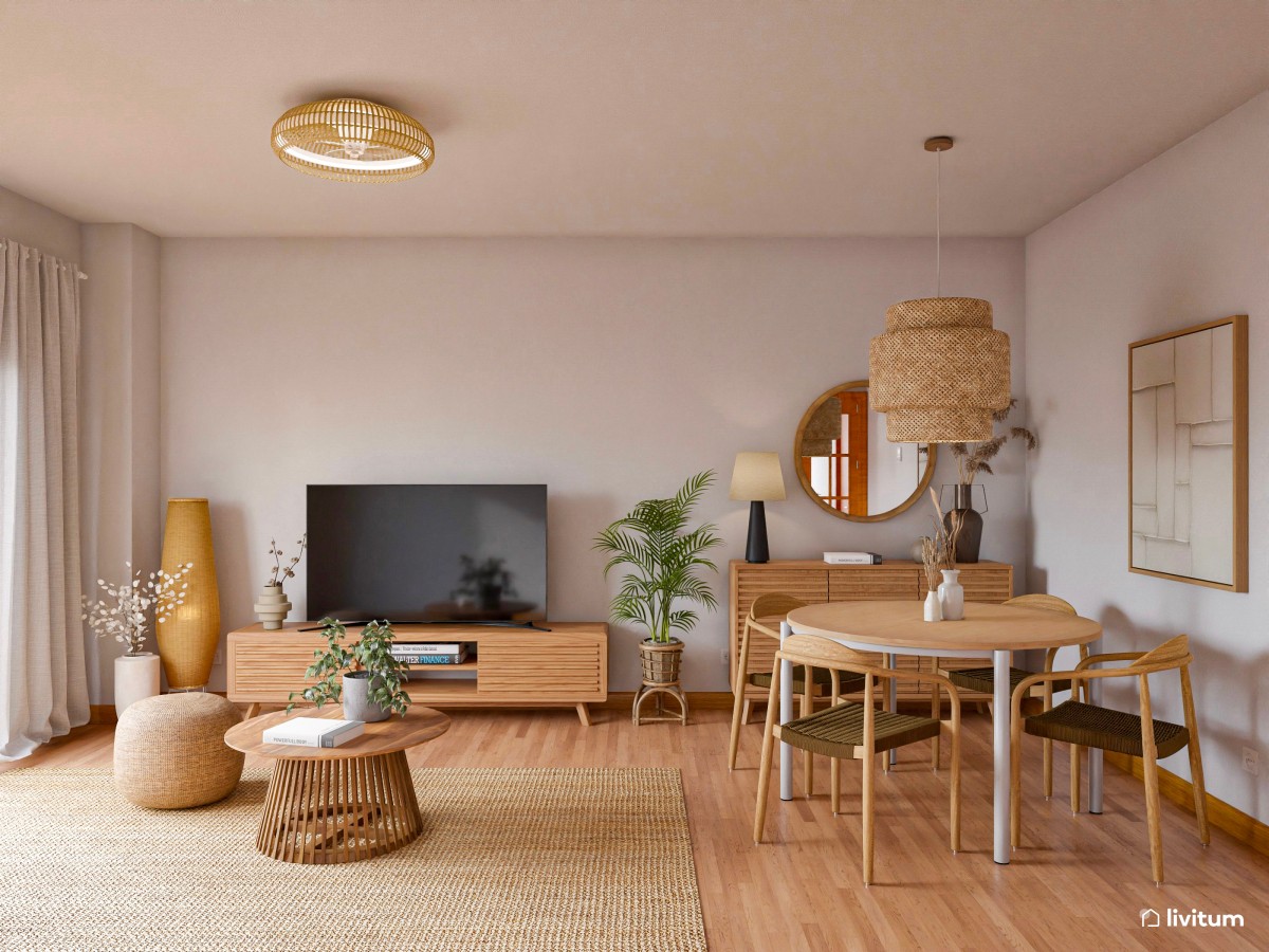 Acogedor salón comedor amueblado en madera y decorado con fibras naturales