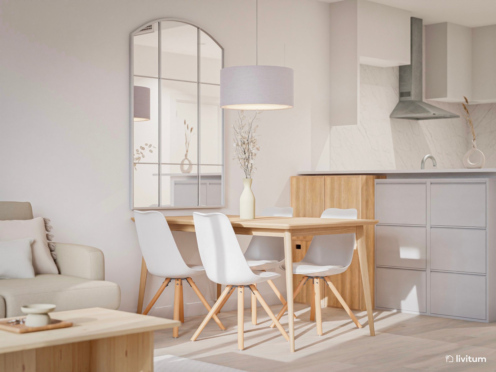 Acogedor salón comedor con cocina abierta de estilo nórdico