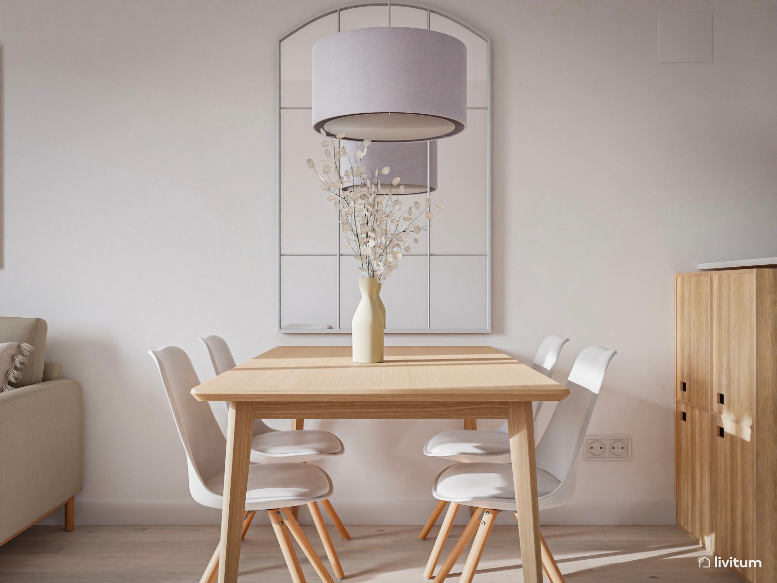 Acogedor salón comedor con cocina abierta de estilo nórdico