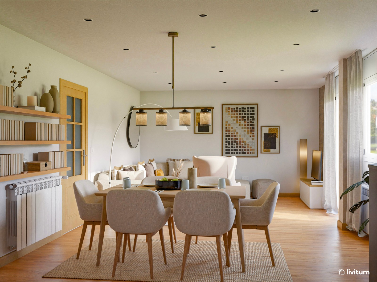 Acogedor salón comedor con pared de piedra y papel pintado