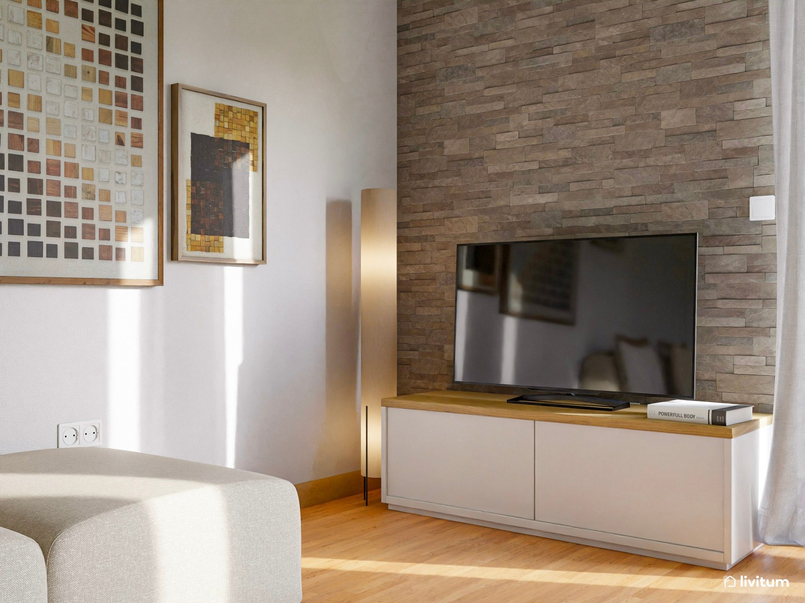 Acogedor salón comedor con pared de piedra y papel pintado