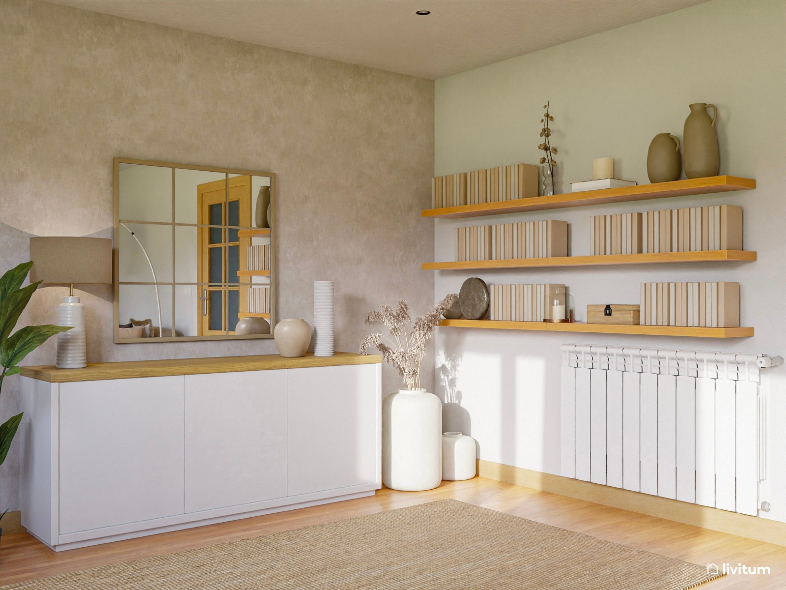 Acogedor salón comedor con pared de piedra y papel pintado