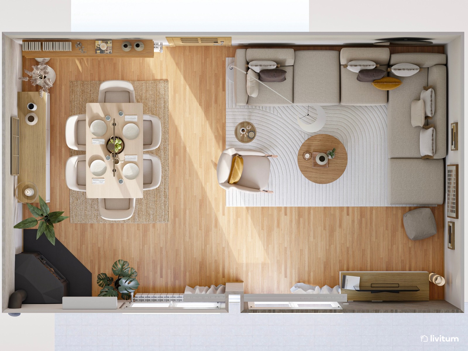 Acogedor salón comedor con pared de piedra y papel pintado