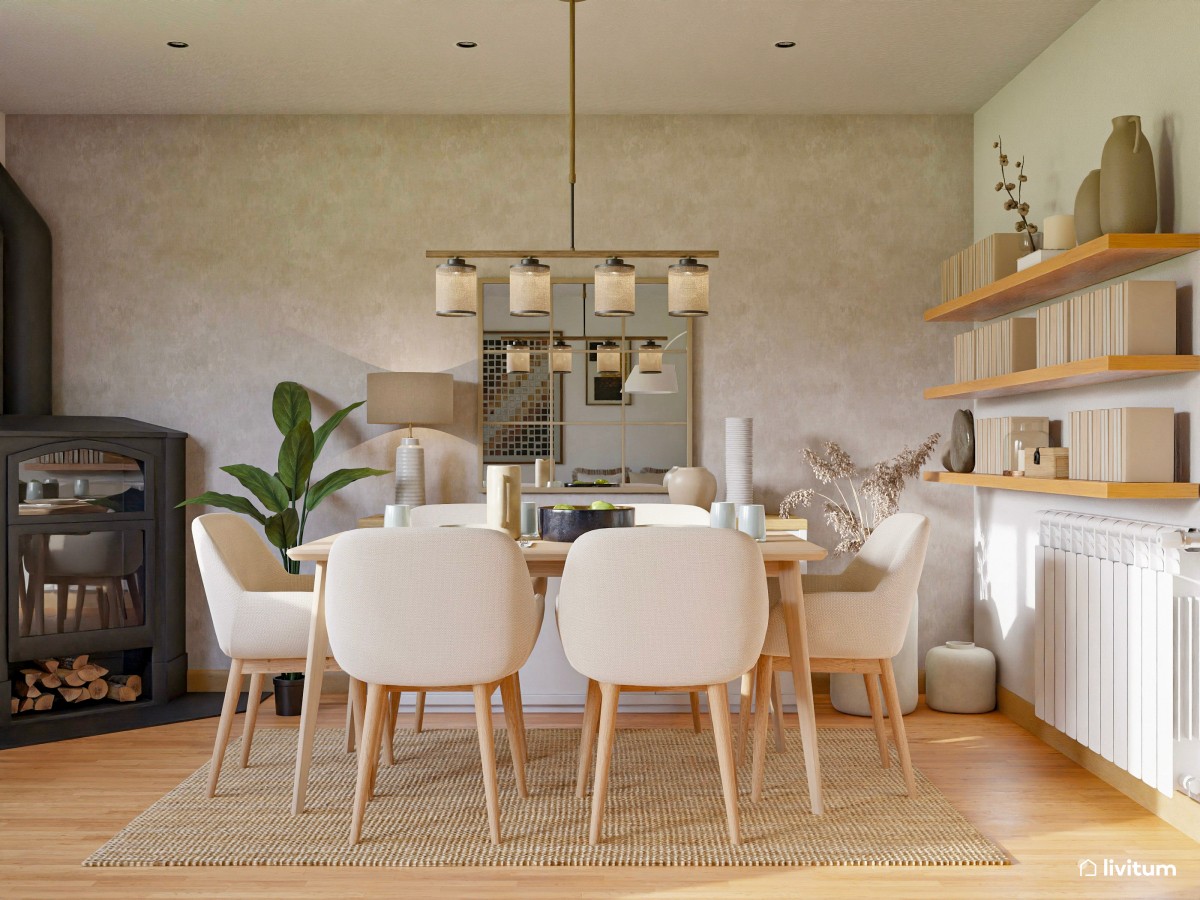 Acogedor salón comedor con pared de piedra y papel pintado