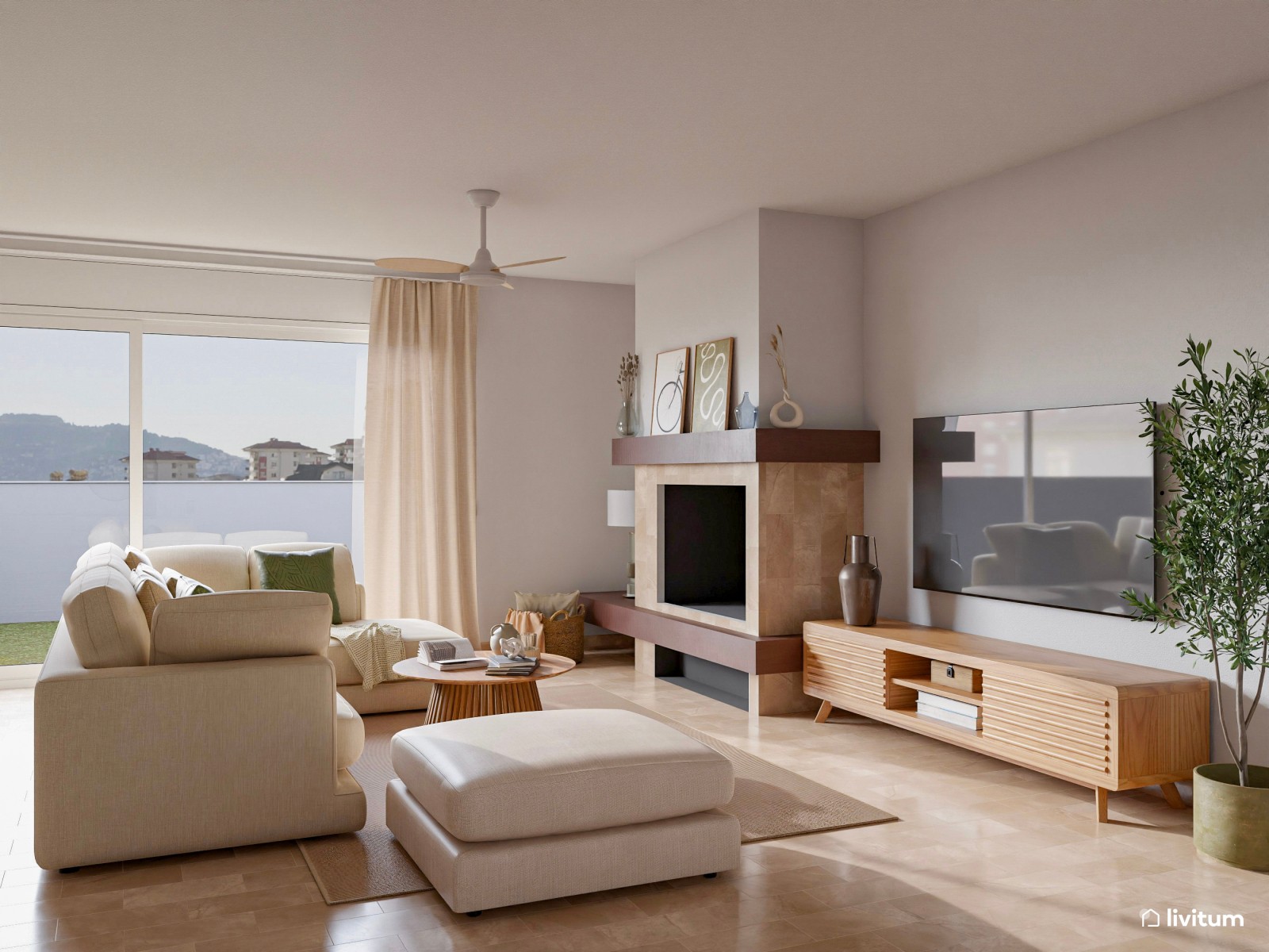 Acogedor salón comedor en madera y toques de verde con rincón para niños y librería 