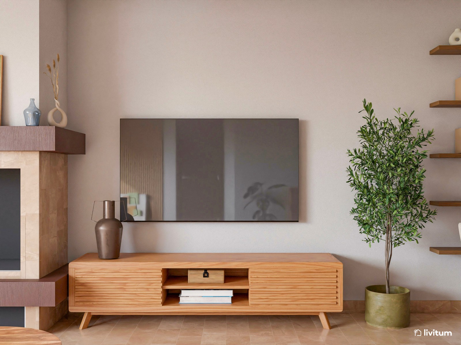Acogedor salón comedor en madera y toques de verde con rincón para niños y librería 