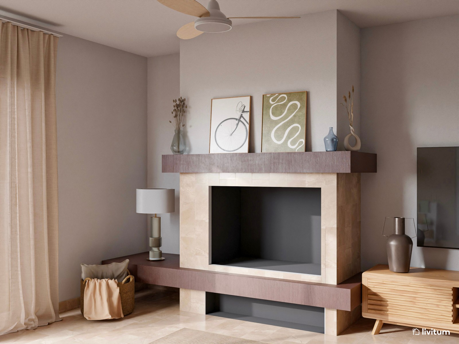 Acogedor salón comedor en madera y toques de verde con rincón para niños y librería 