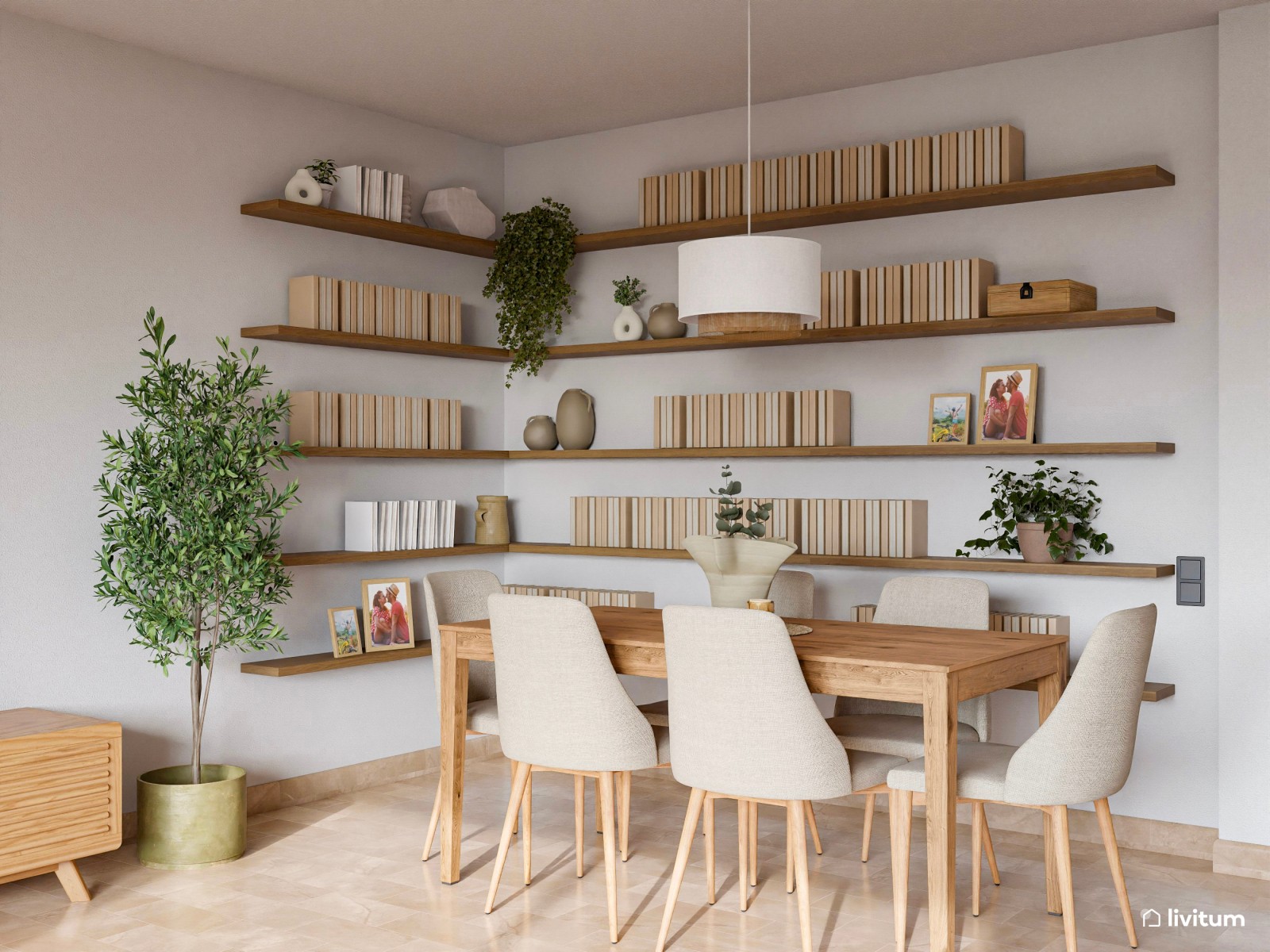 Acogedor salón comedor en madera y toques de verde con rincón para niños y librería 