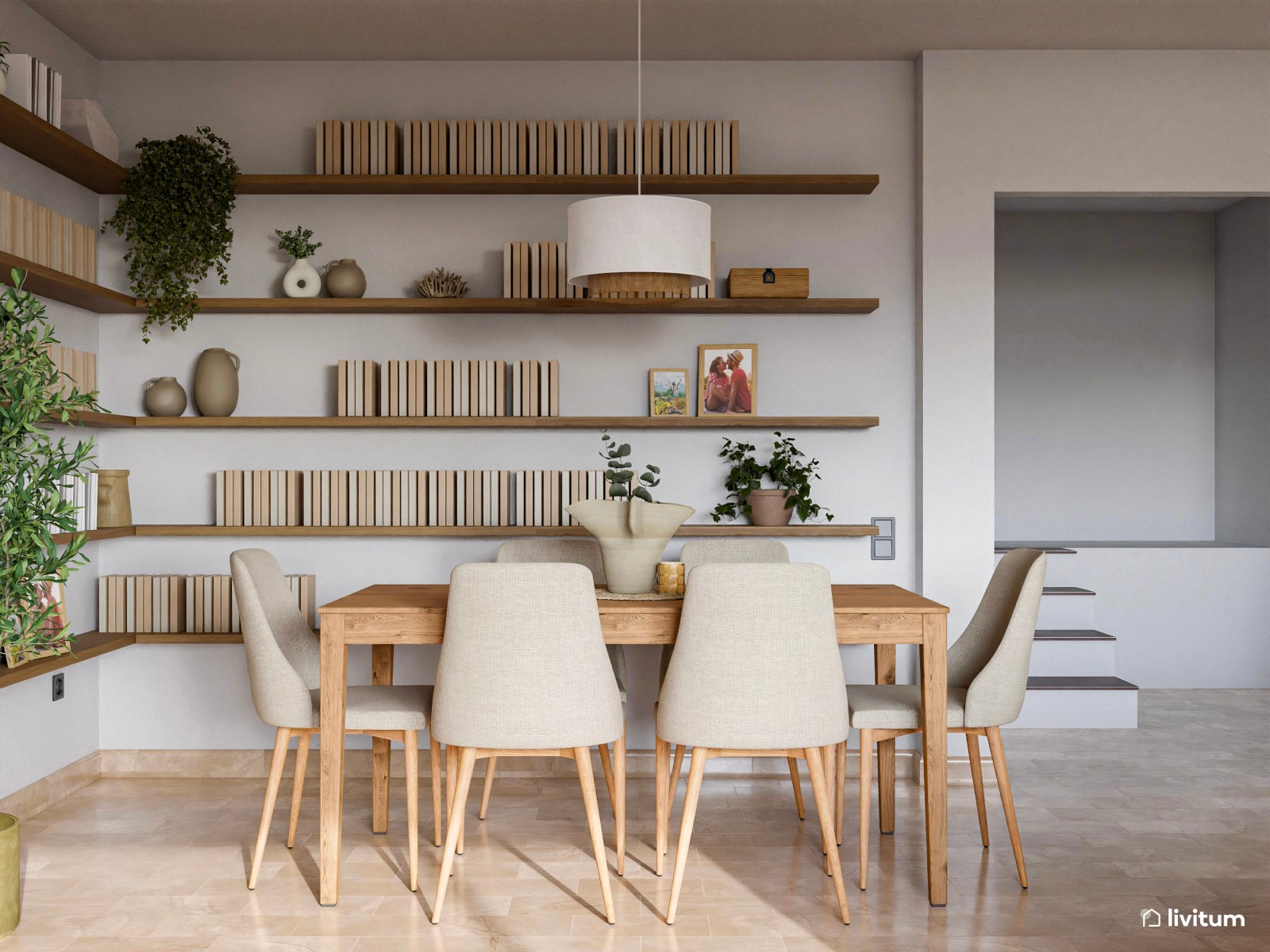Acogedor salón comedor en madera y toques de verde con rincón para niños y librería 