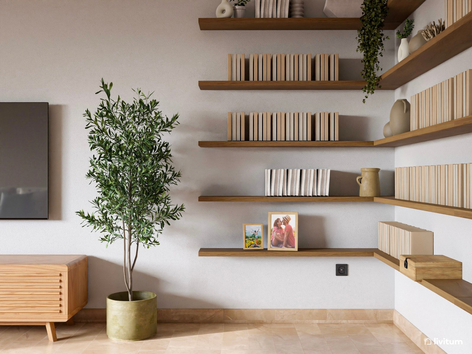 Acogedor salón comedor en madera y toques de verde con rincón para niños y librería 