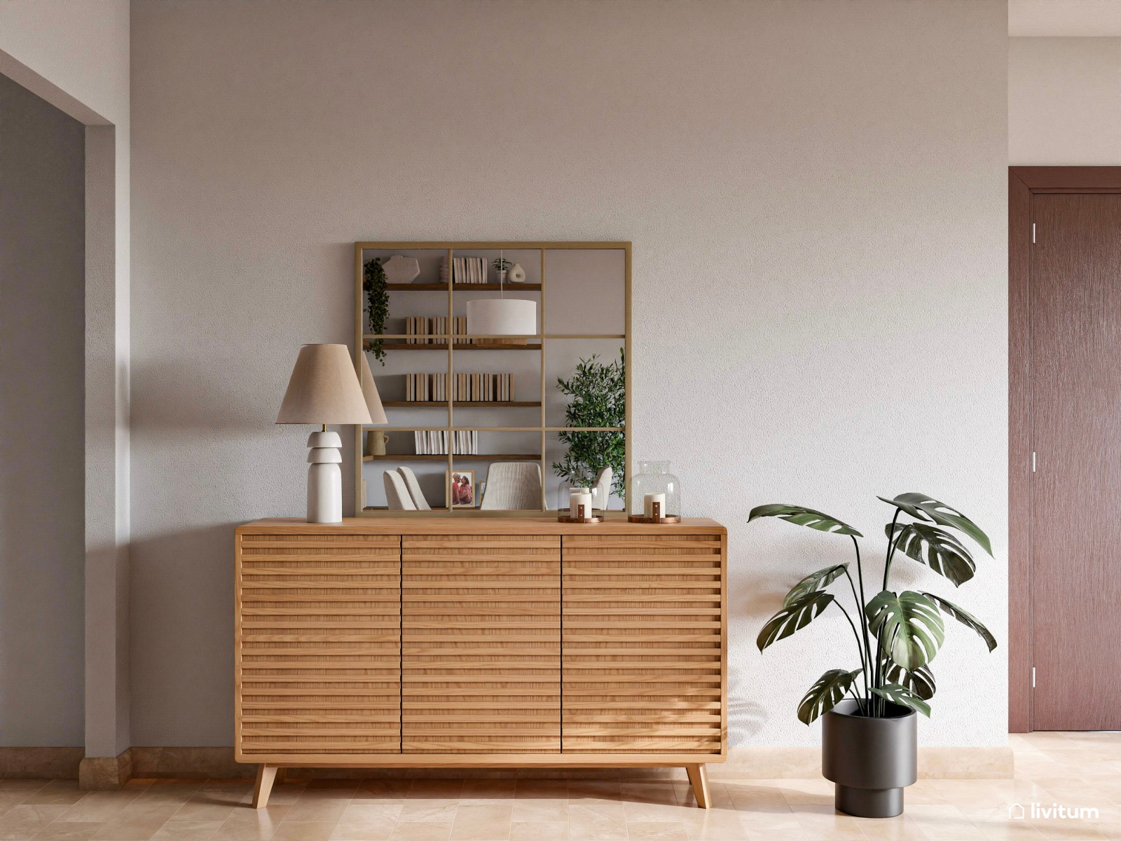 Acogedor salón comedor en madera y toques de verde con rincón para niños y librería 
