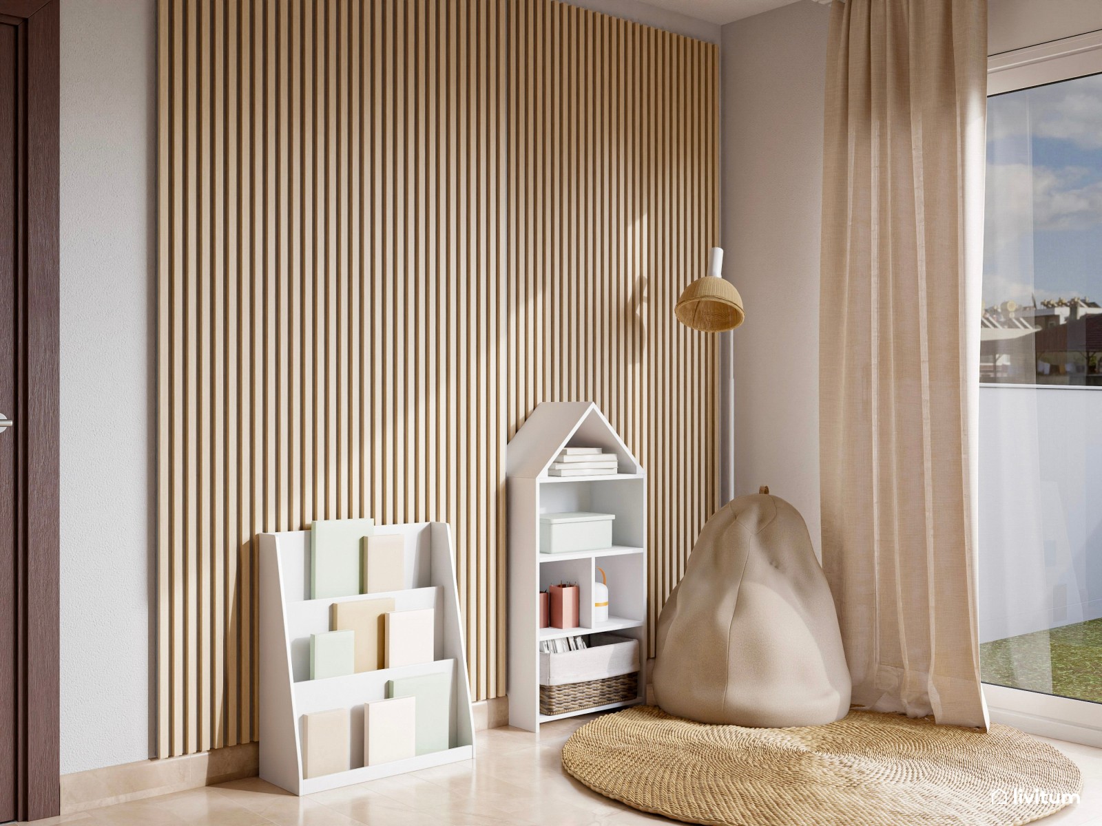 Acogedor salón comedor en madera y toques de verde con rincón para niños y librería 