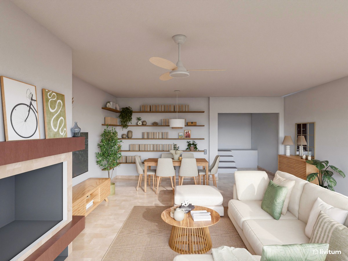 Acogedor salón comedor en madera y toques de verde con rincón para niños y librería