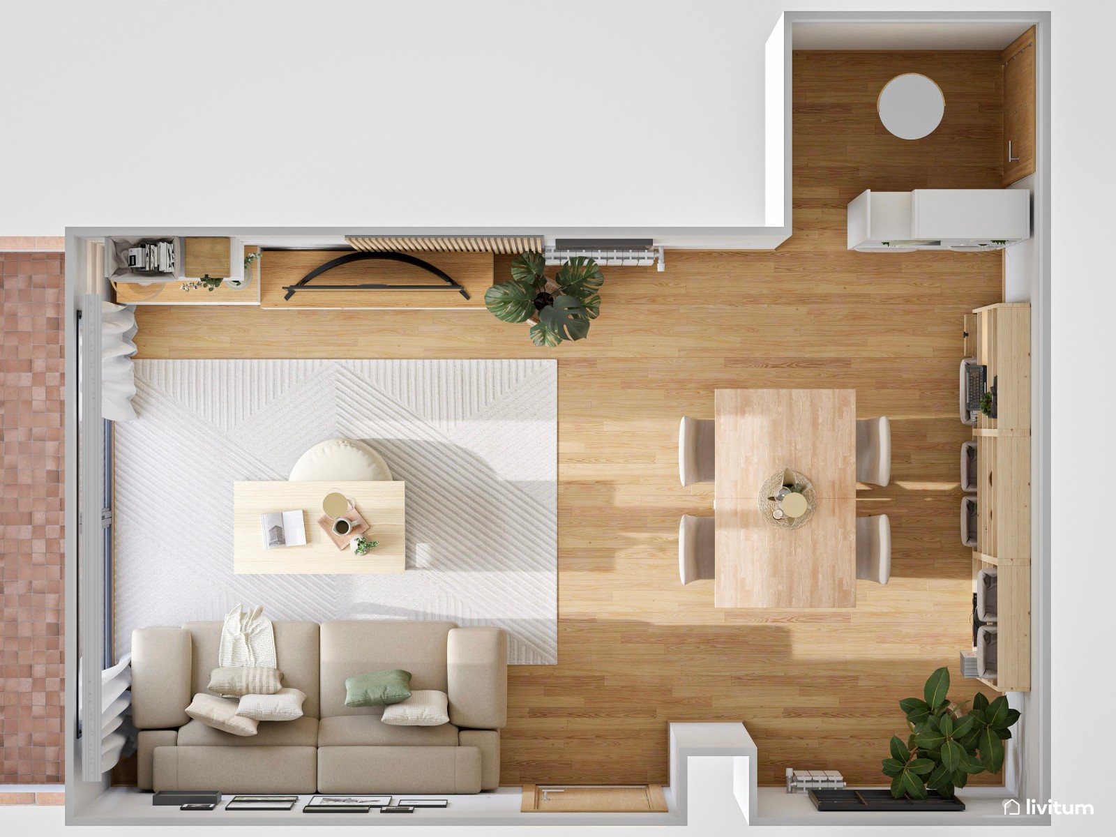 Acogedor salón comedor nórdico de 22 m² 