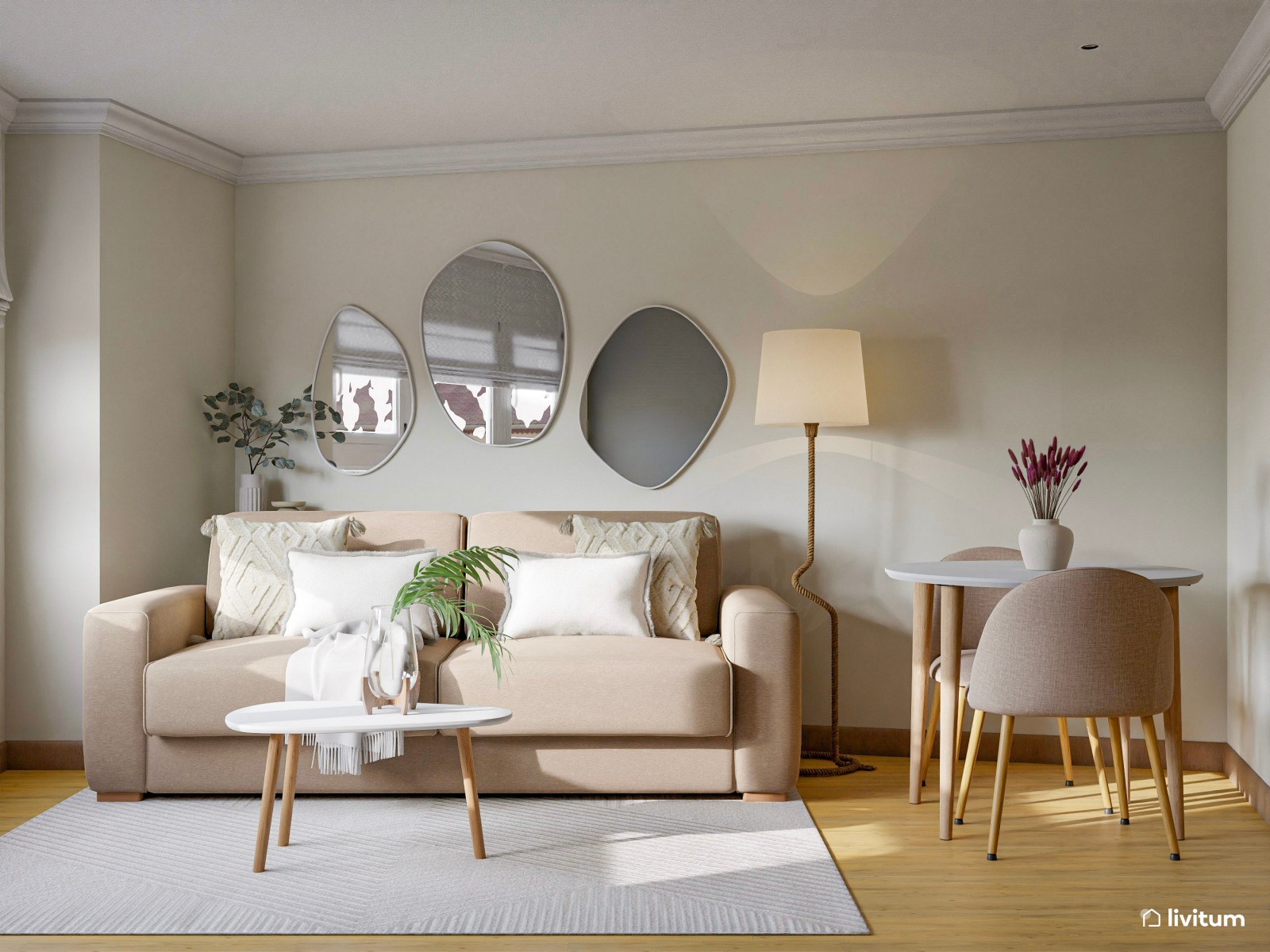Acogedor salón con cocina y recibidor en planta irregular 