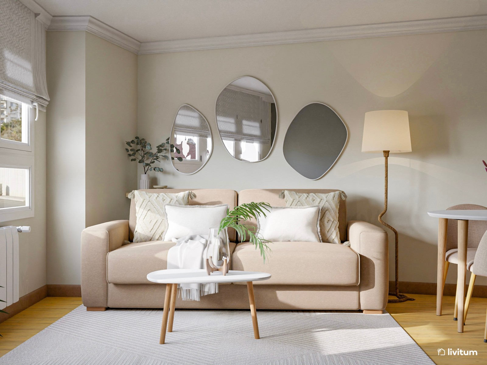 Acogedor salón con cocina y recibidor en planta irregular 