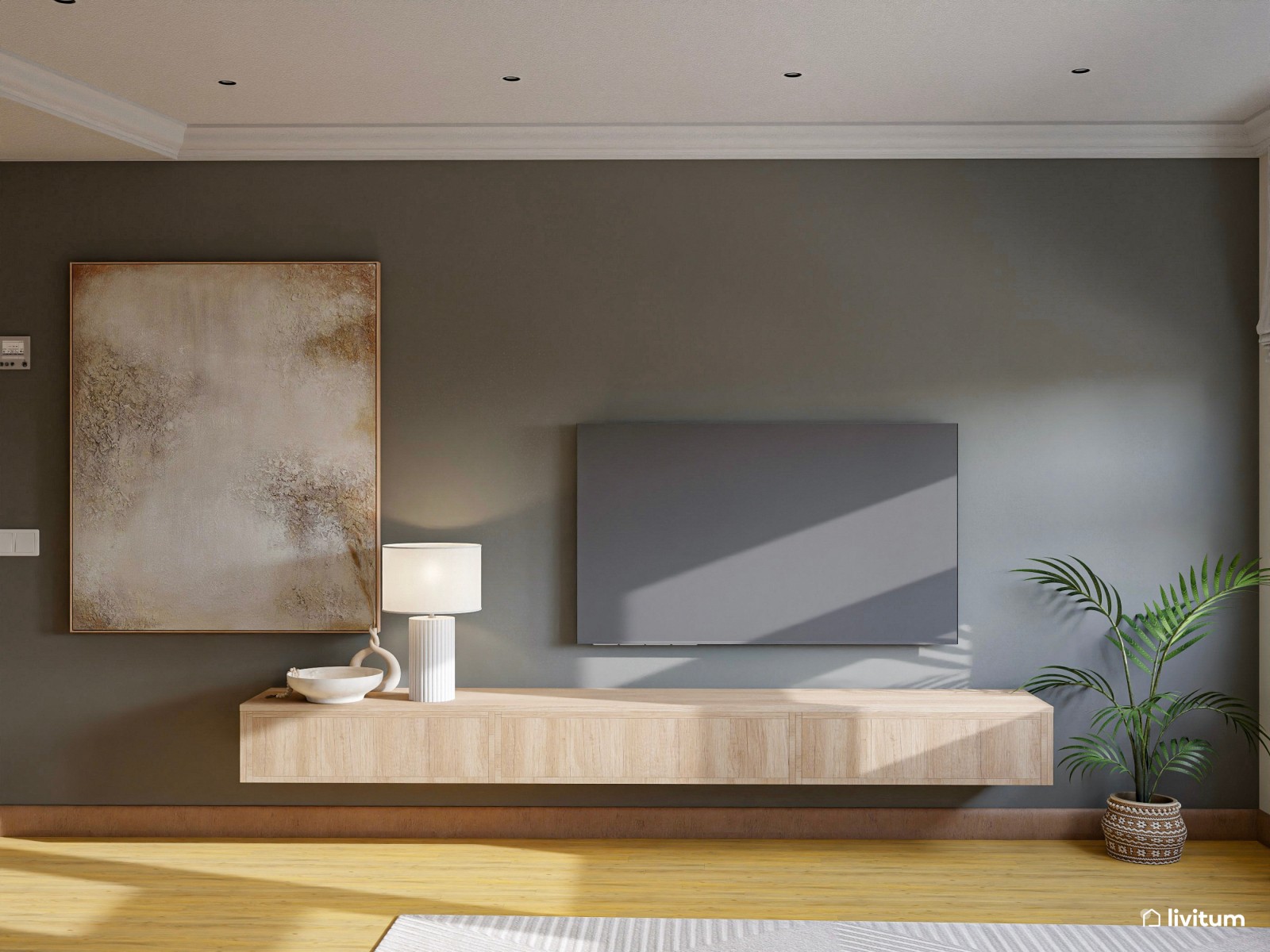 Acogedor salón con cocina y recibidor en planta irregular 