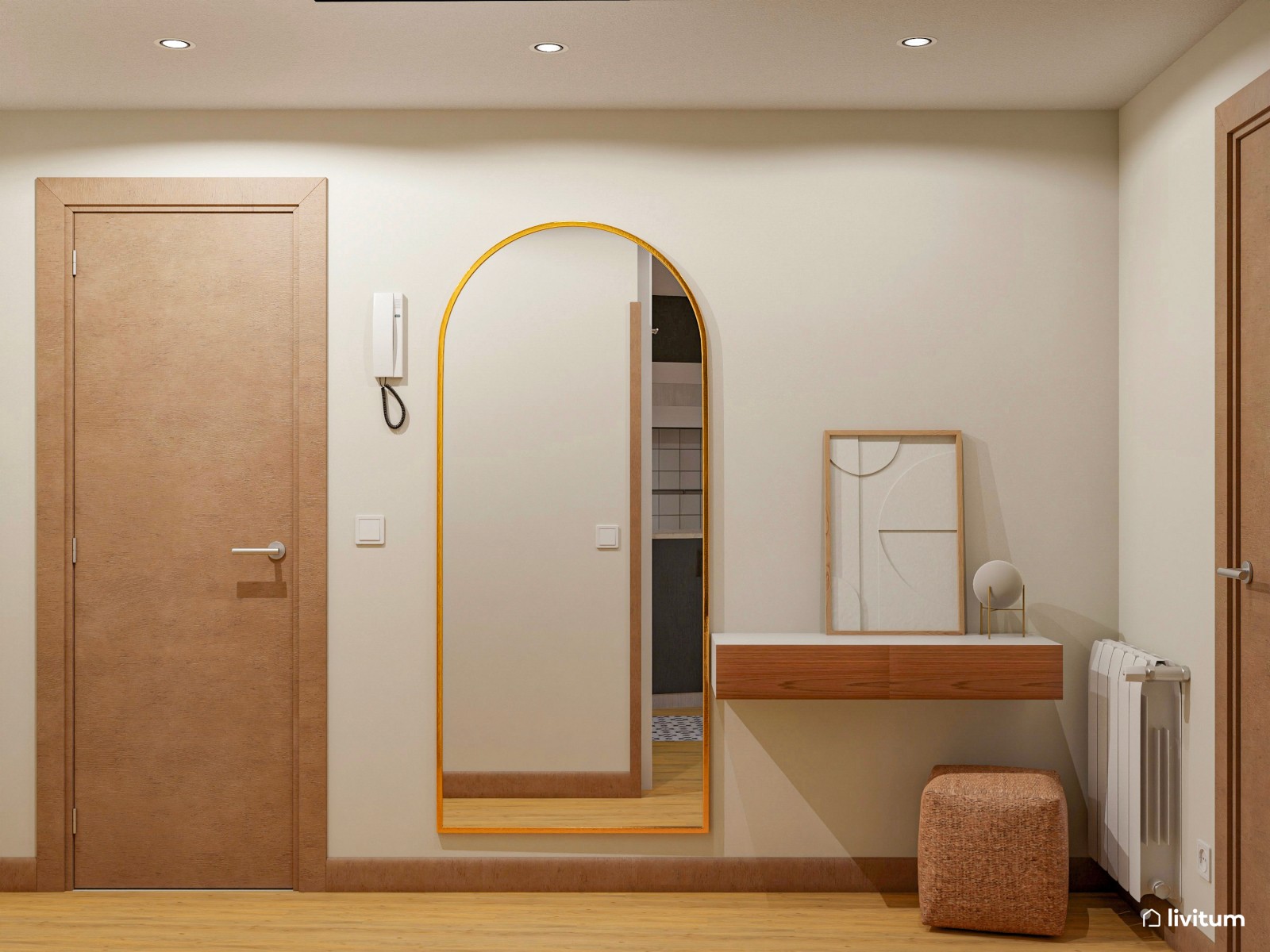 Acogedor salón con cocina y recibidor en planta irregular 