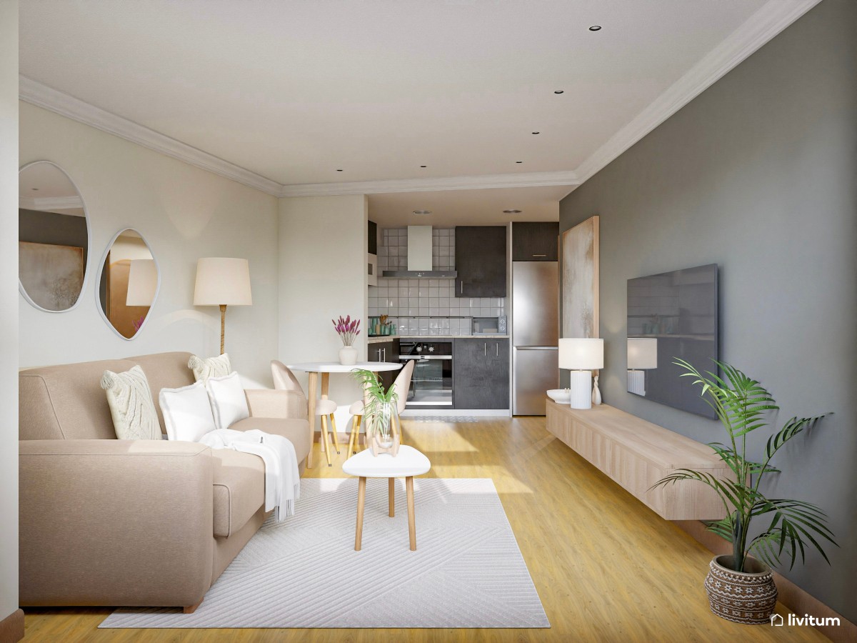 Acogedor salón con cocina y recibidor en planta irregular