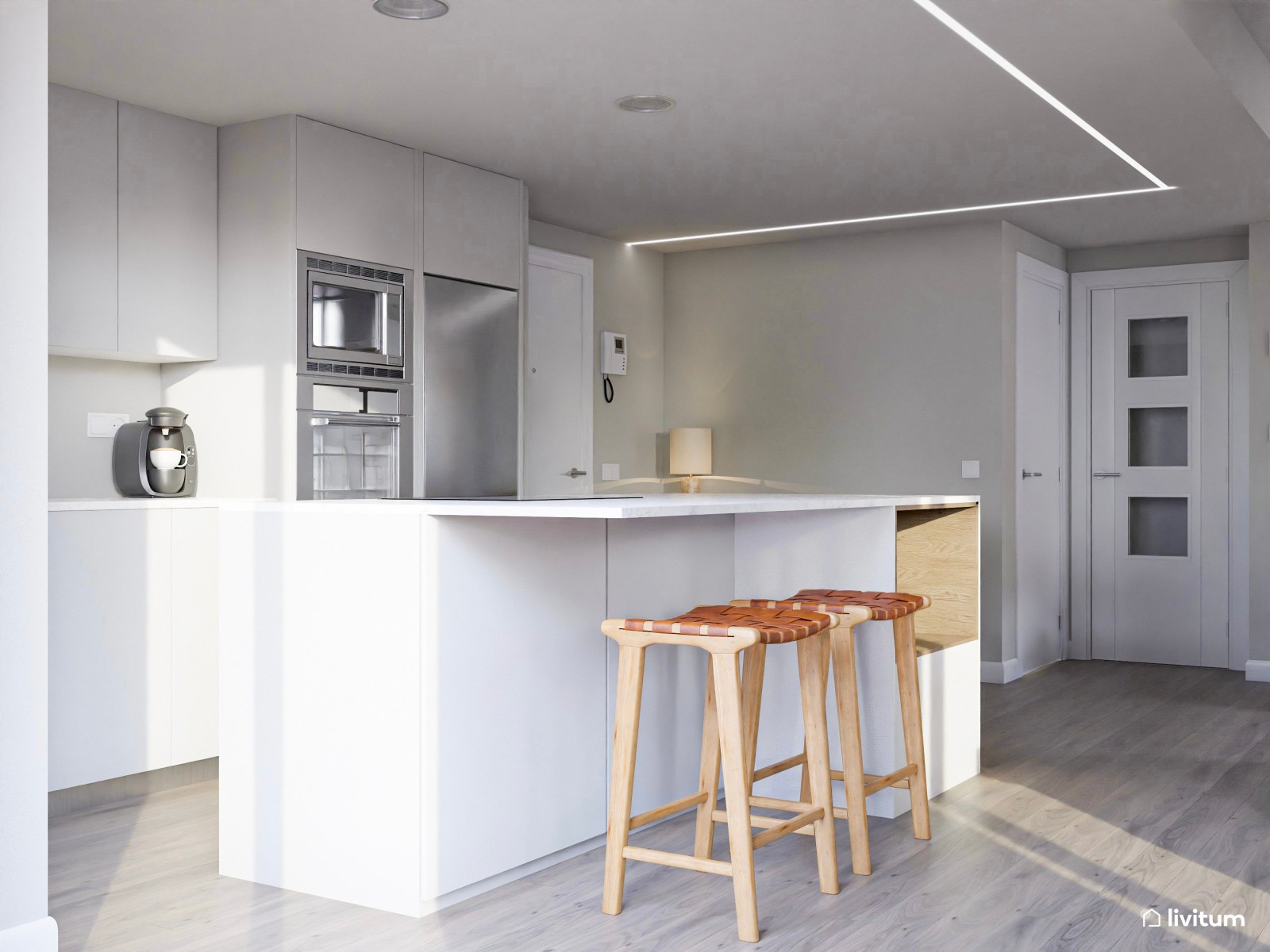 Acogedor salón con comedor redondo, cocina abierta y plantas decorativas