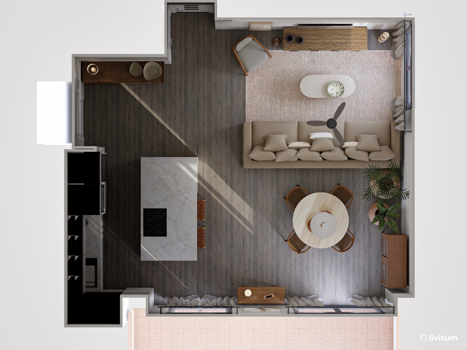 Acogedor salón con comedor redondo, cocina abierta y plantas decorativas