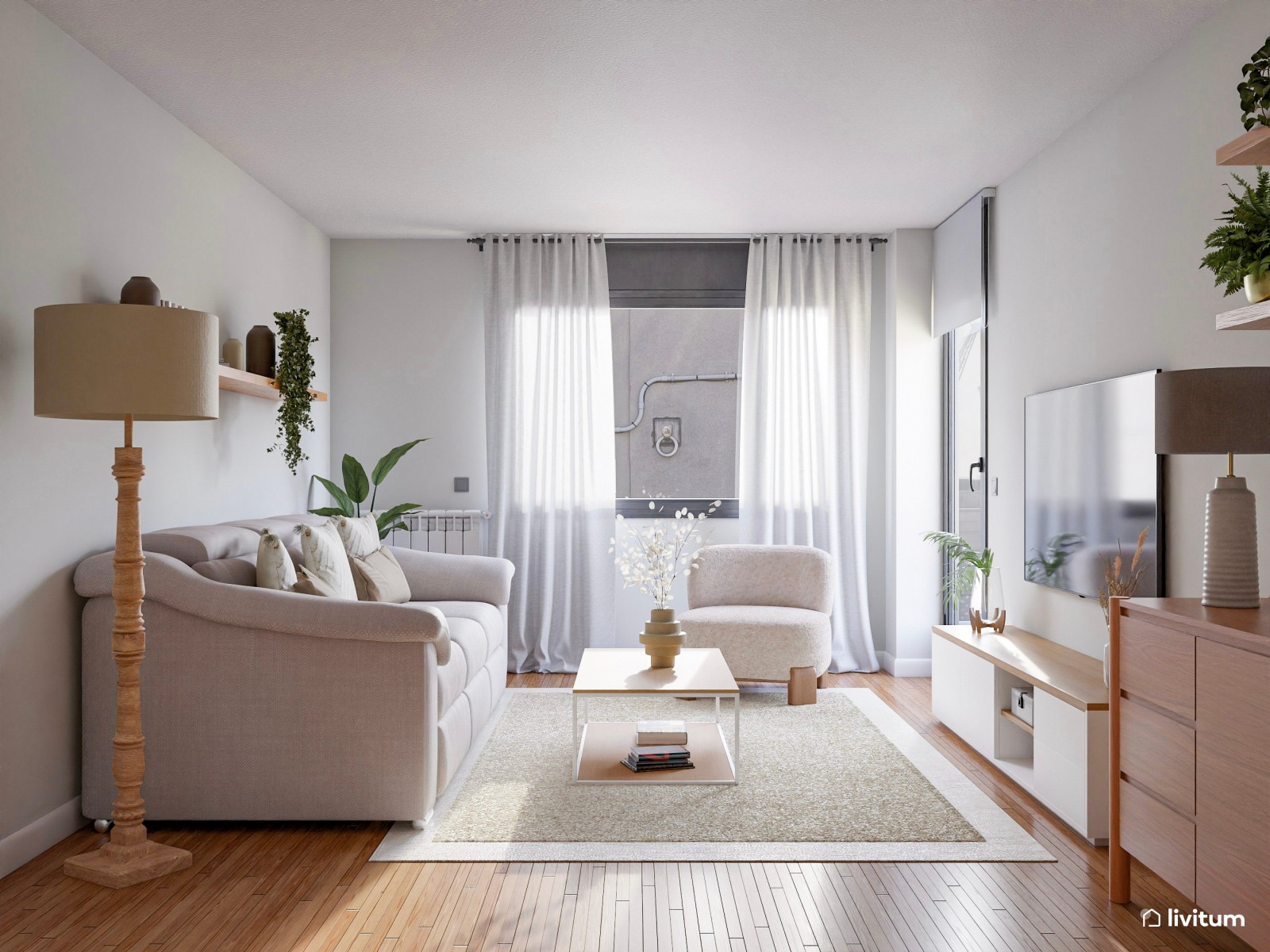 Acogedor salón con comedor redondo y piezas de diseño