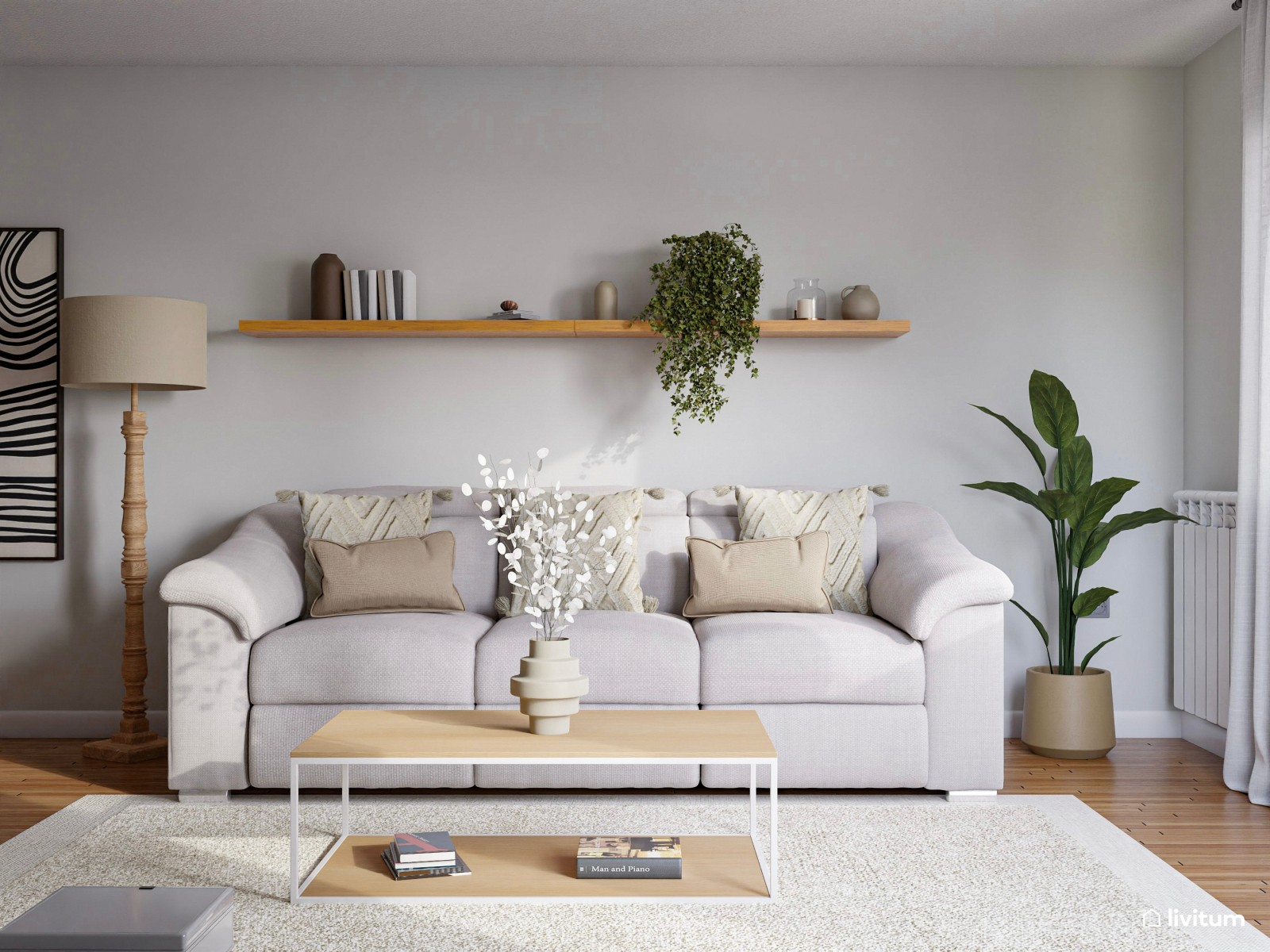 Acogedor salón con comedor redondo y piezas de diseño