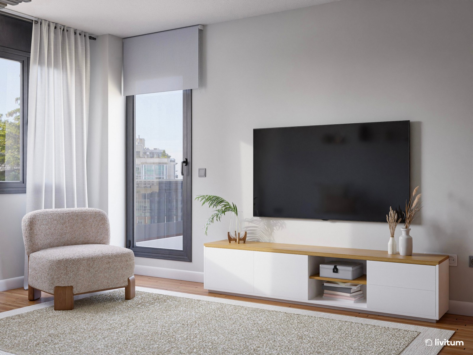 Acogedor salón con comedor redondo y piezas de diseño