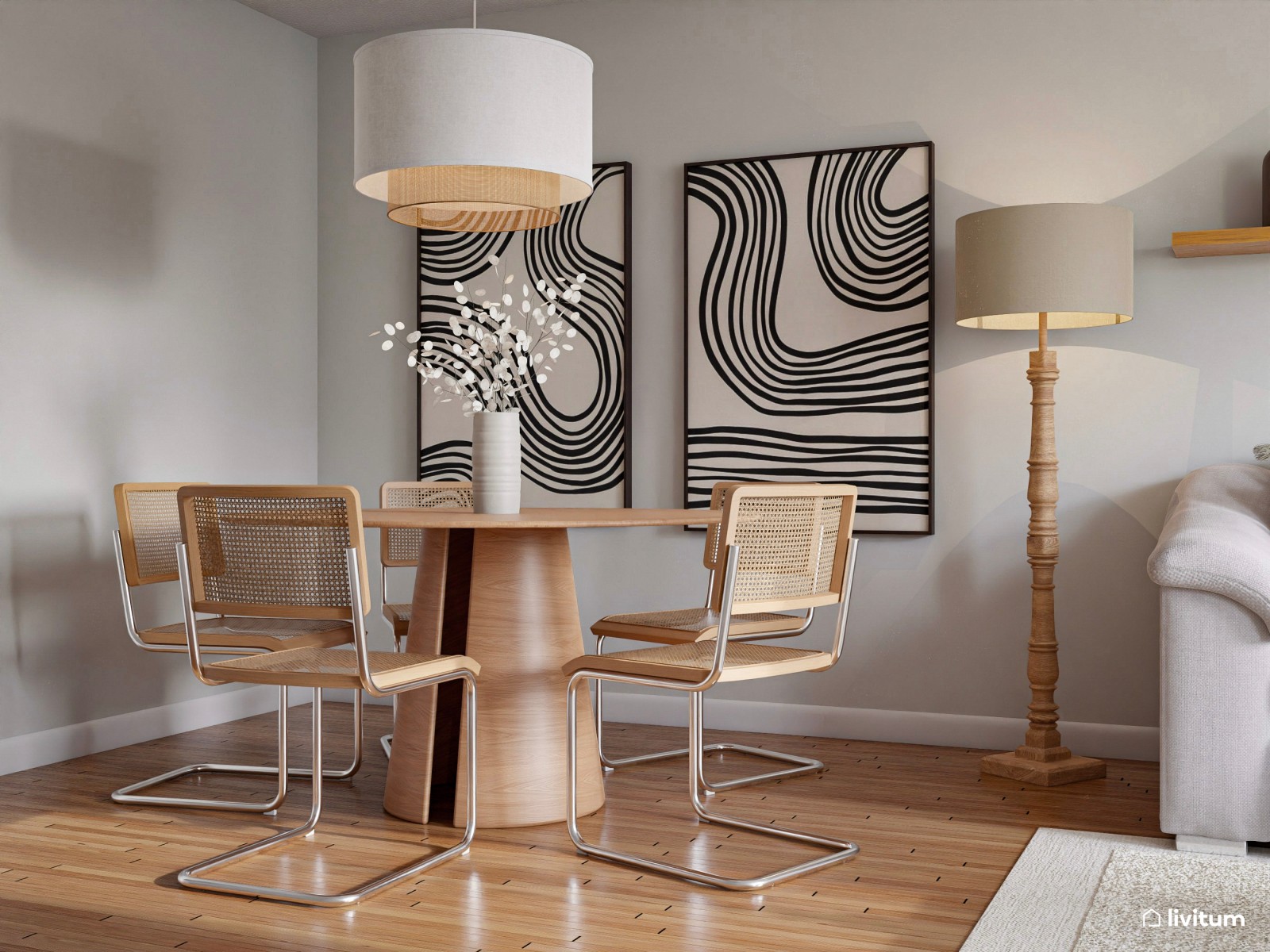 Acogedor salón con comedor redondo y piezas de diseño