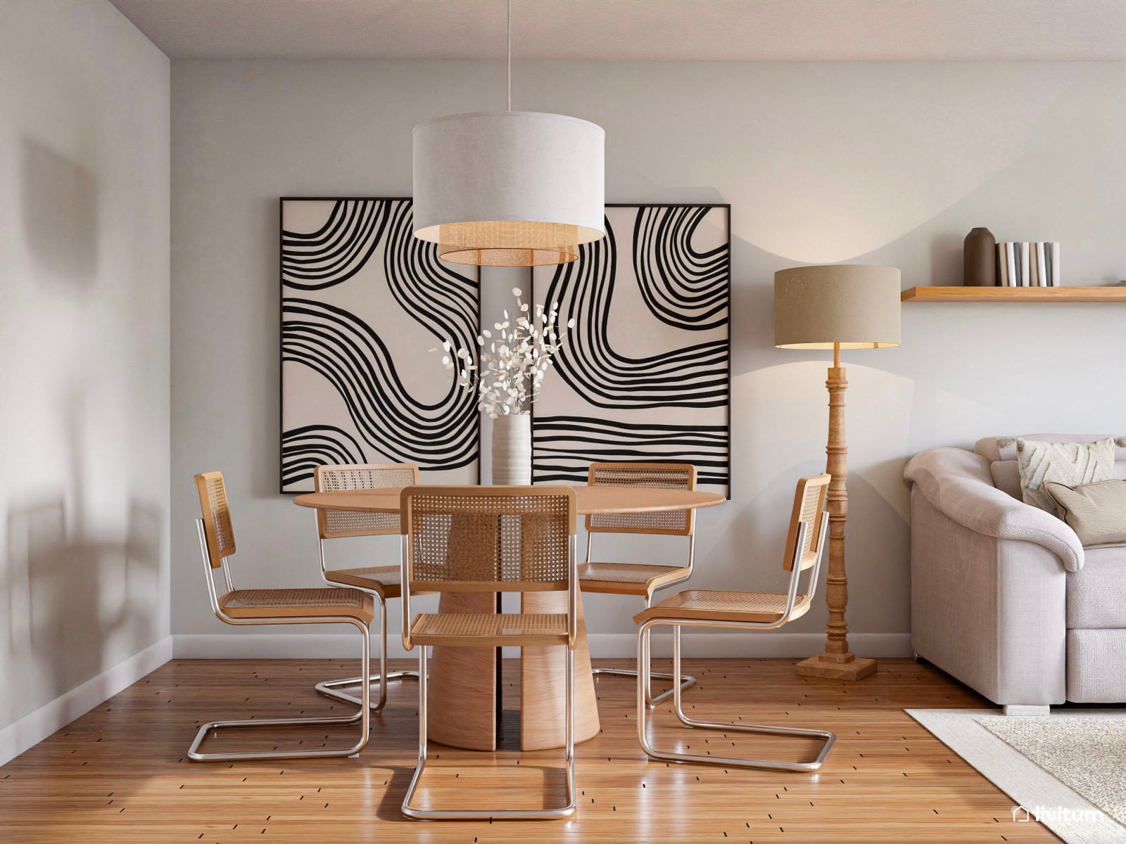 Acogedor salón con comedor redondo y piezas de diseño